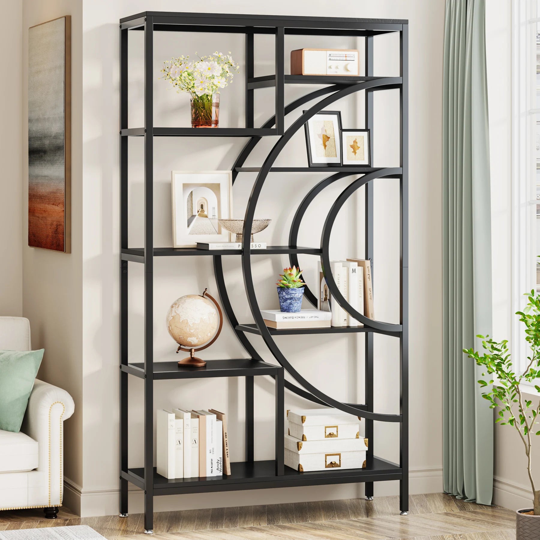 Industrial Etagere Bookcase with Curved Arc for Living Room — 71" Tall Freestanding