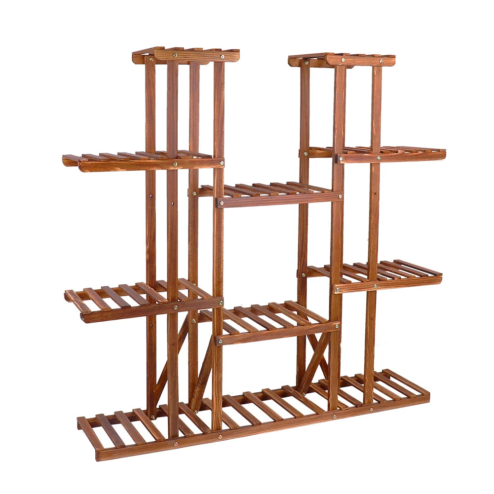 Carbonized Wood Plant Stand with Multi-Tier Slatted Shelves for Living Room — Holds 9+ Pots