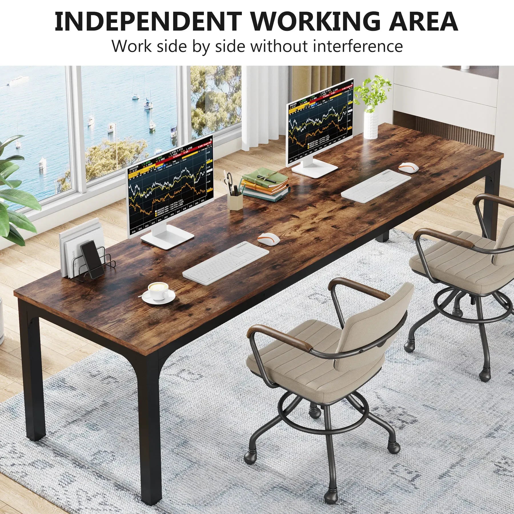 Industrial Wood Computer Desk with Steel Frame for Two-Person Home Office — 78.7"