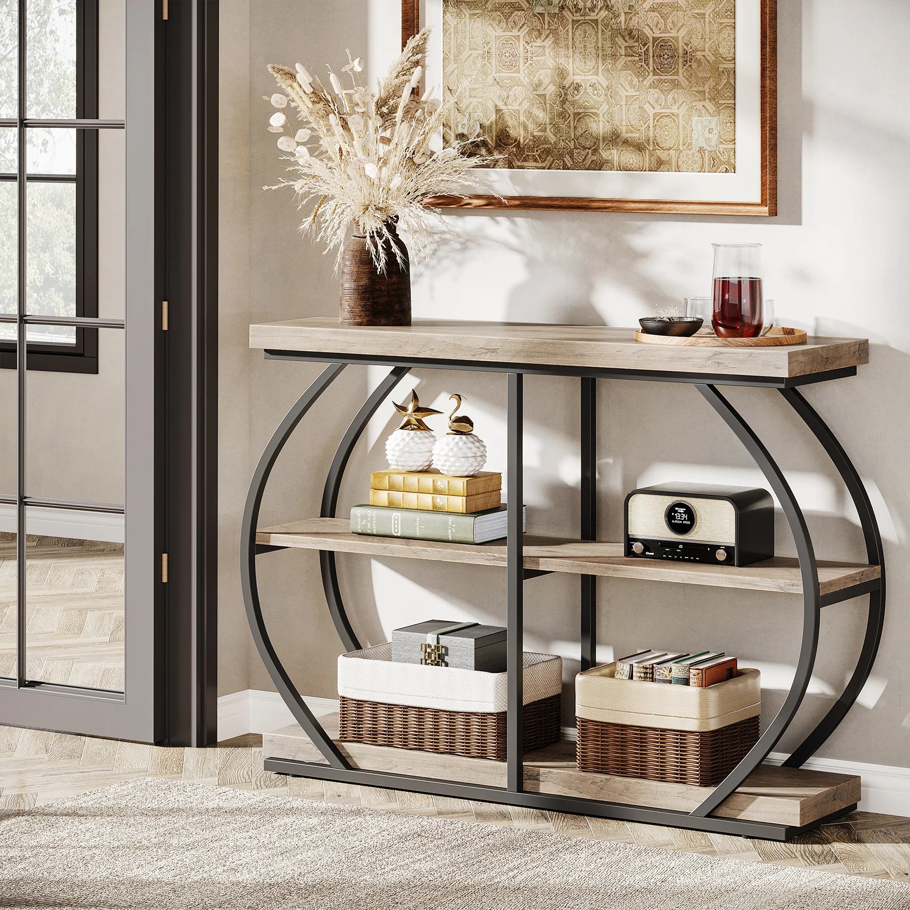 Rustic Industrial Console Table with Arched Metal Frame and 3 Storage Shelves for Entryway — 41 in
