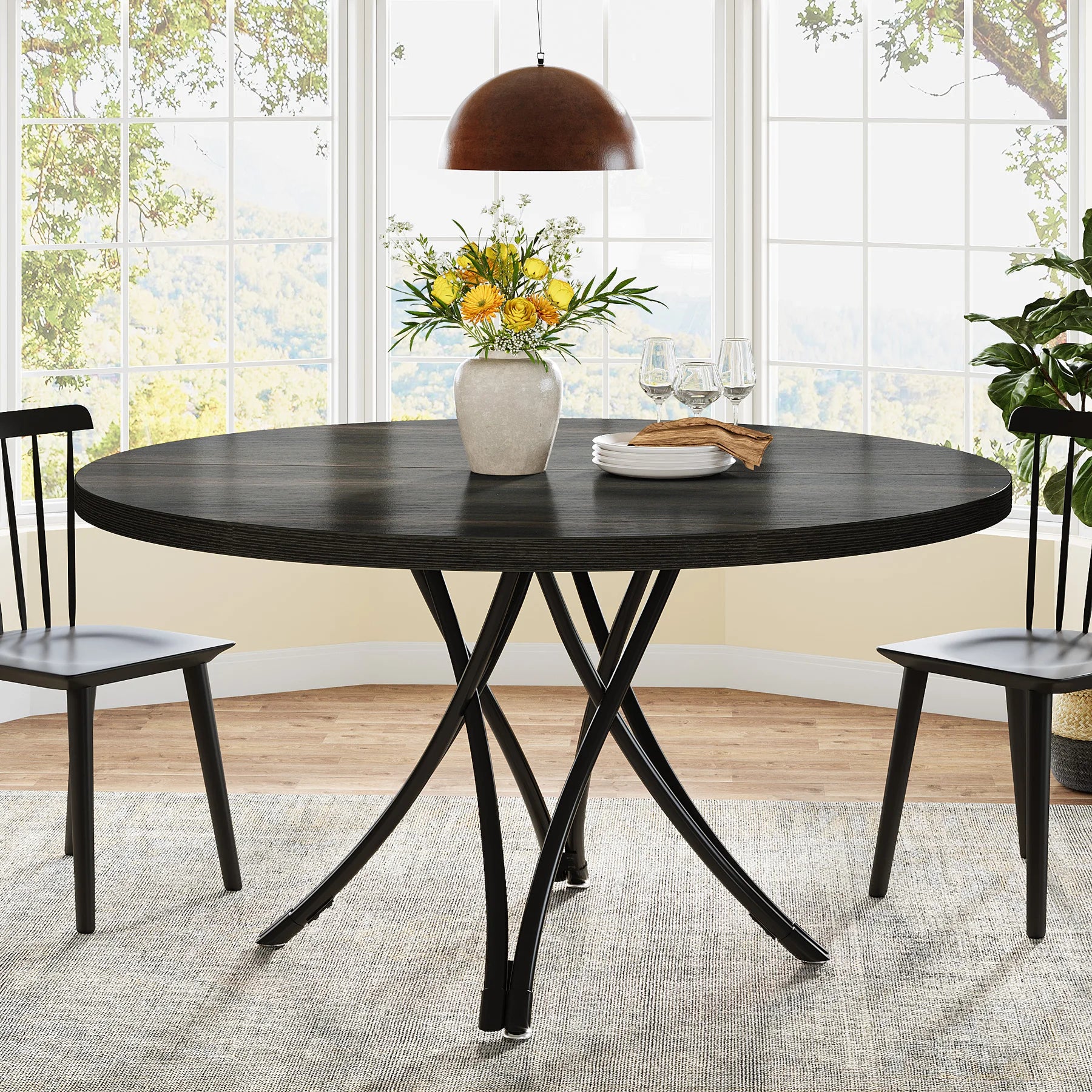 Walnut Round Dining Table with Sculptural Metal Pedestal for 4-6 — 47in