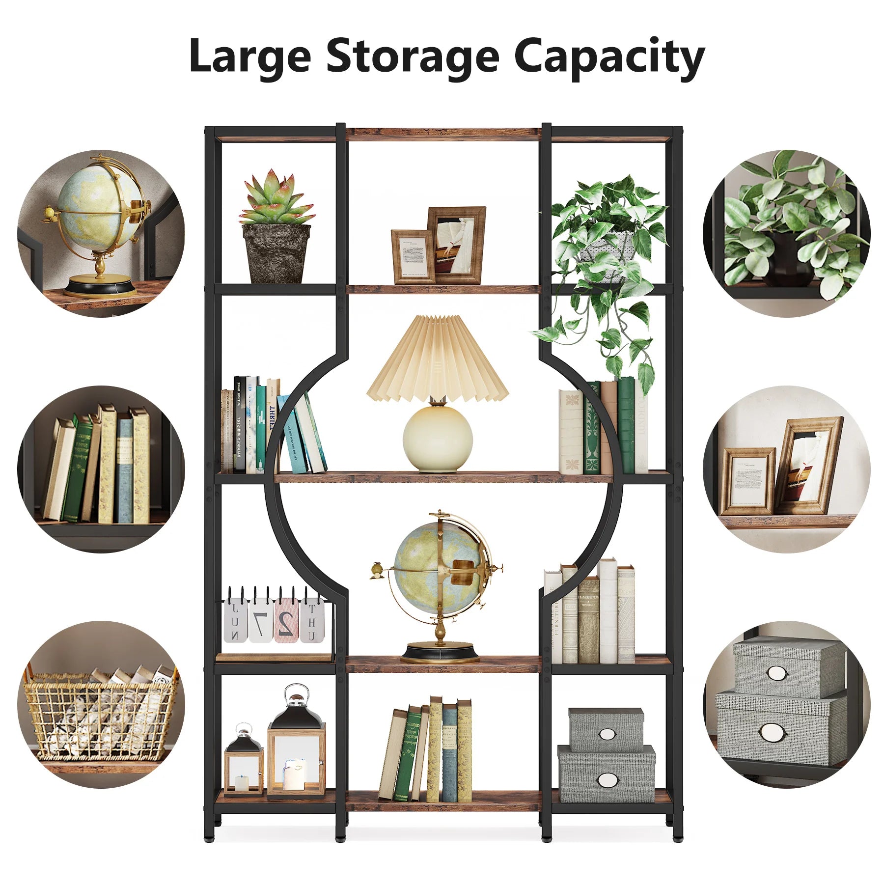 Industrial Etagere Bookcase with Curved Arc for Living Room — 71" Tall Freestanding