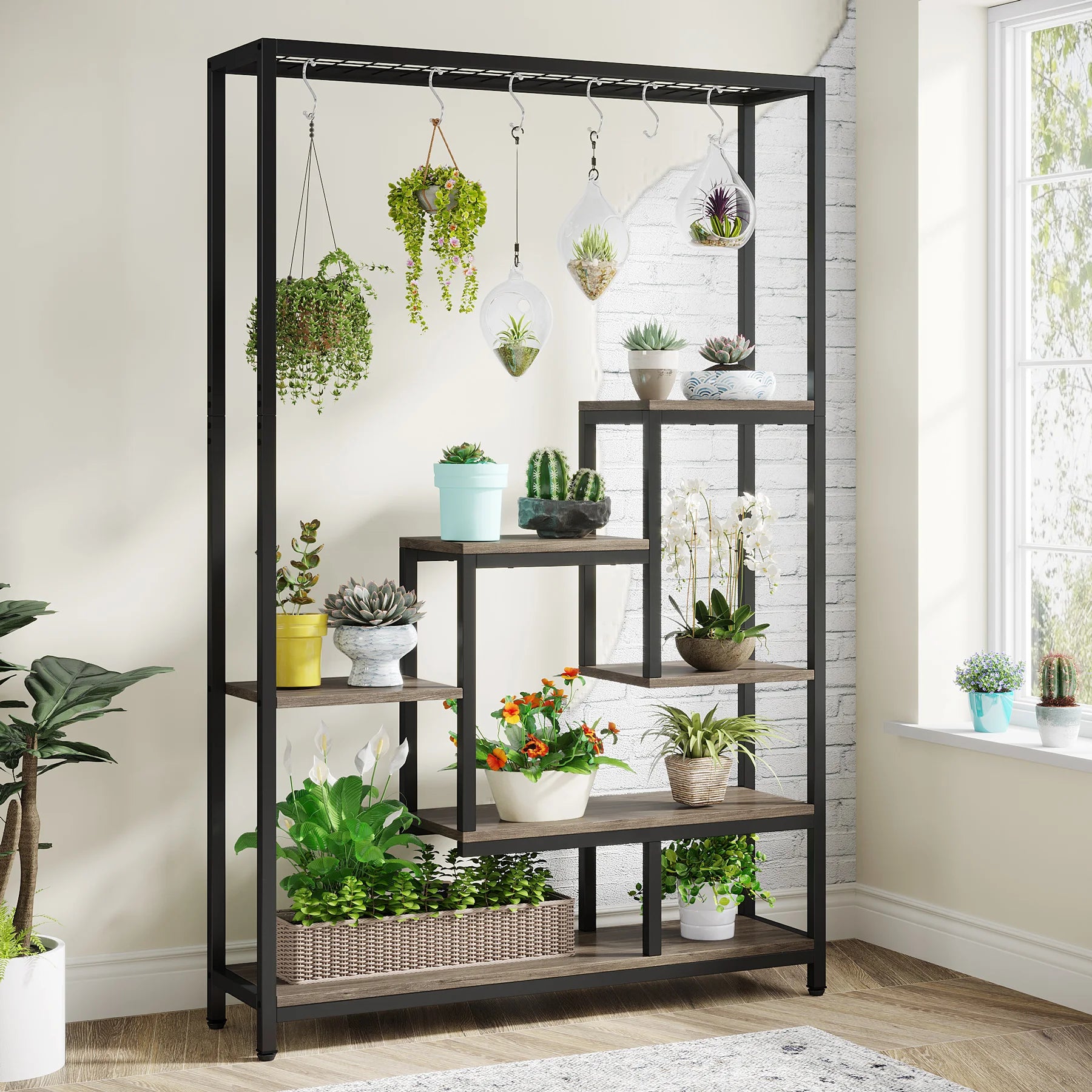 Industrial Metal Plant Stand with Hanging Hooks for Living Room — 5-Tier, 70.9in Tall