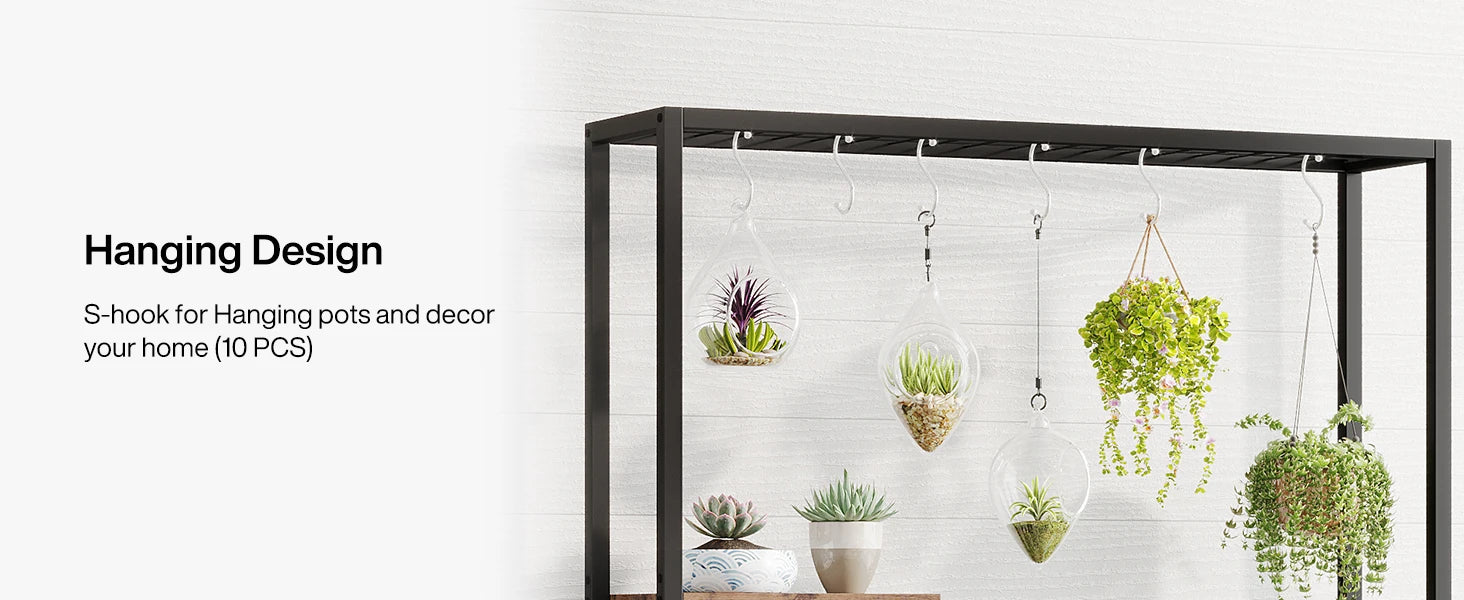Industrial Metal Plant Stand with Hanging Hooks for Living Room — 5-Tier, 70.9in Tall