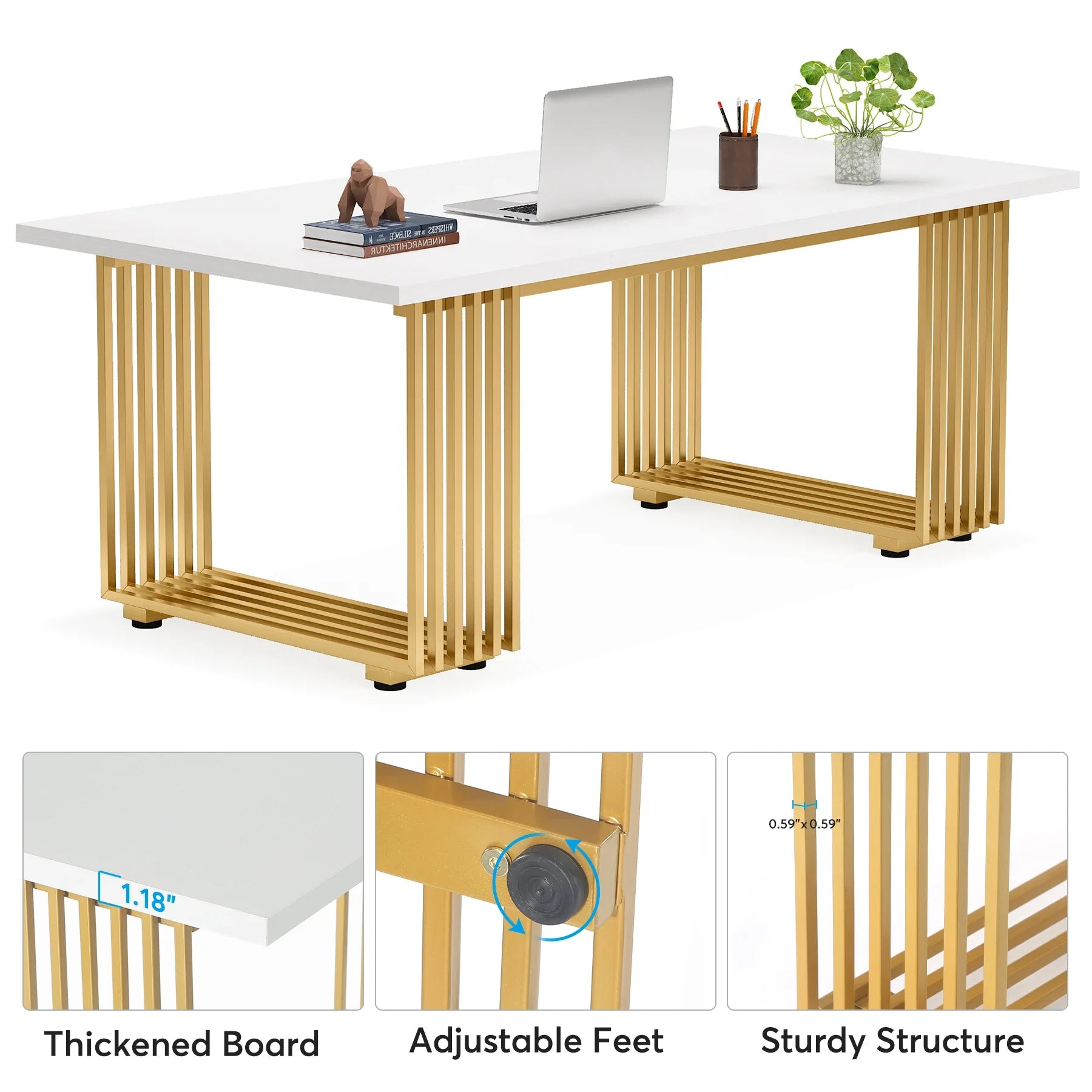 White Executive Desk with Gold Metal Legs for Home Office — 70.9"
