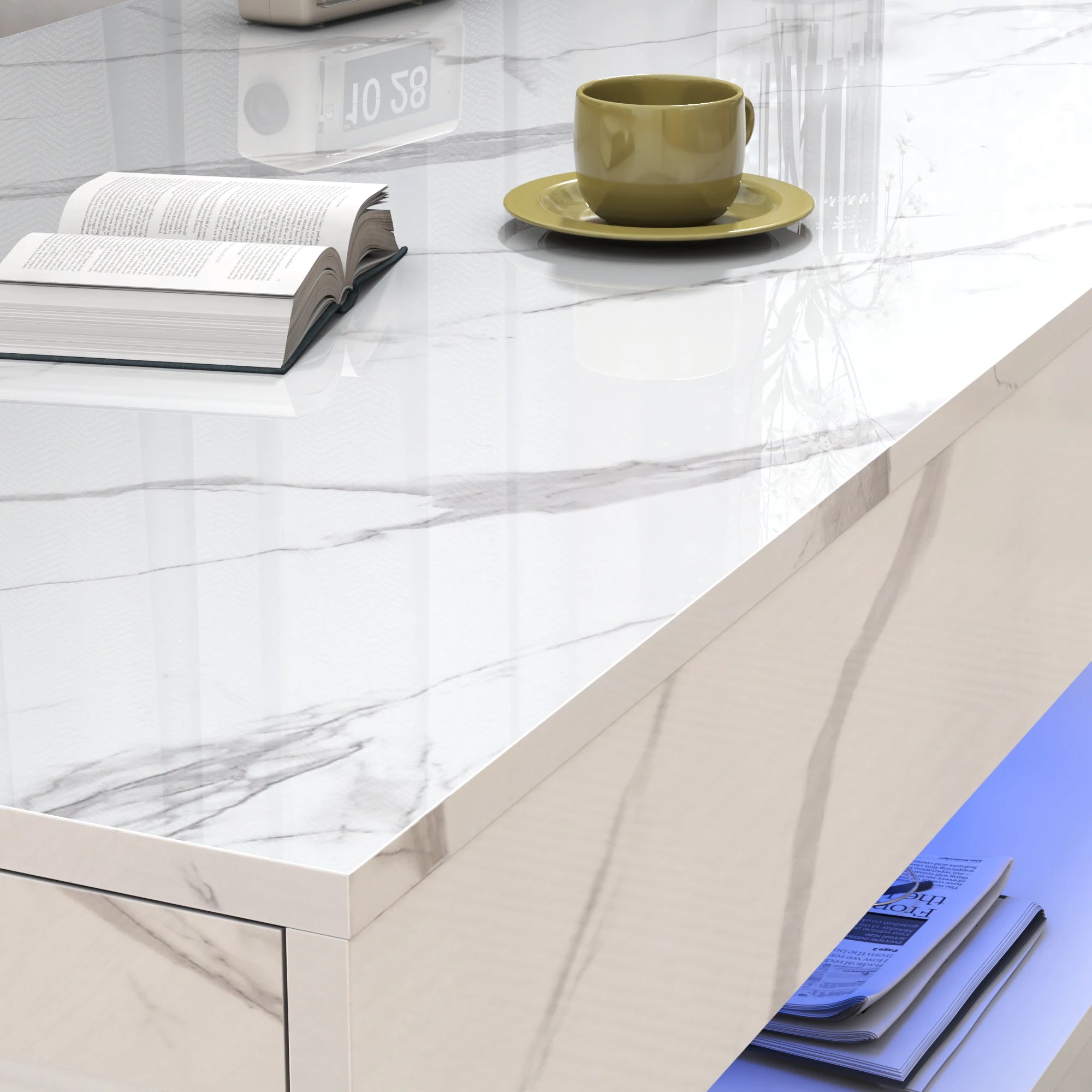 LED Coffee Table with Storage — Modern Faux Marble Coffee Table with Drawers for Living Room