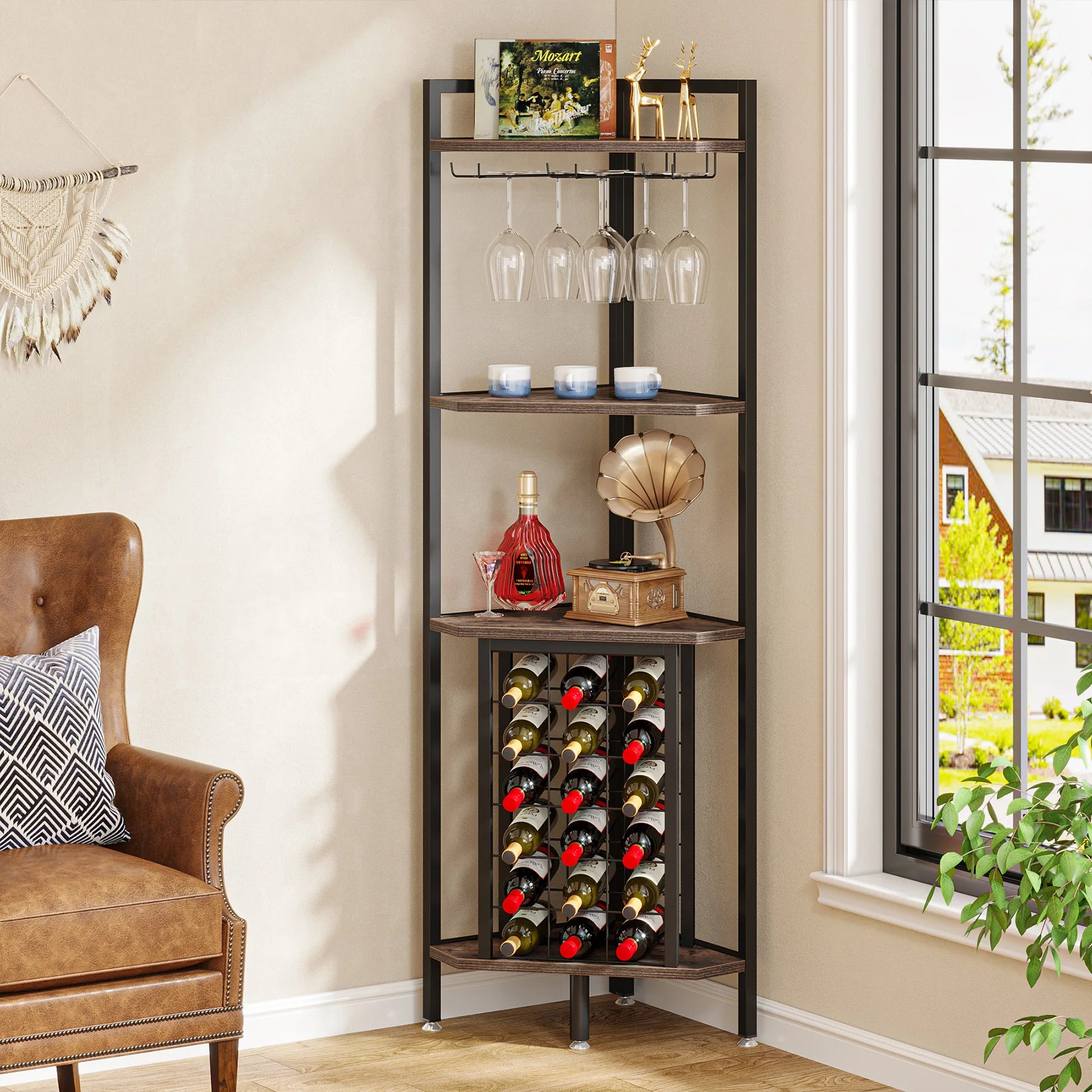 Industrial Wine Bakers Rack, 20-Bottle Freestanding Wine Rack with Glass Holder & Storage Shelves