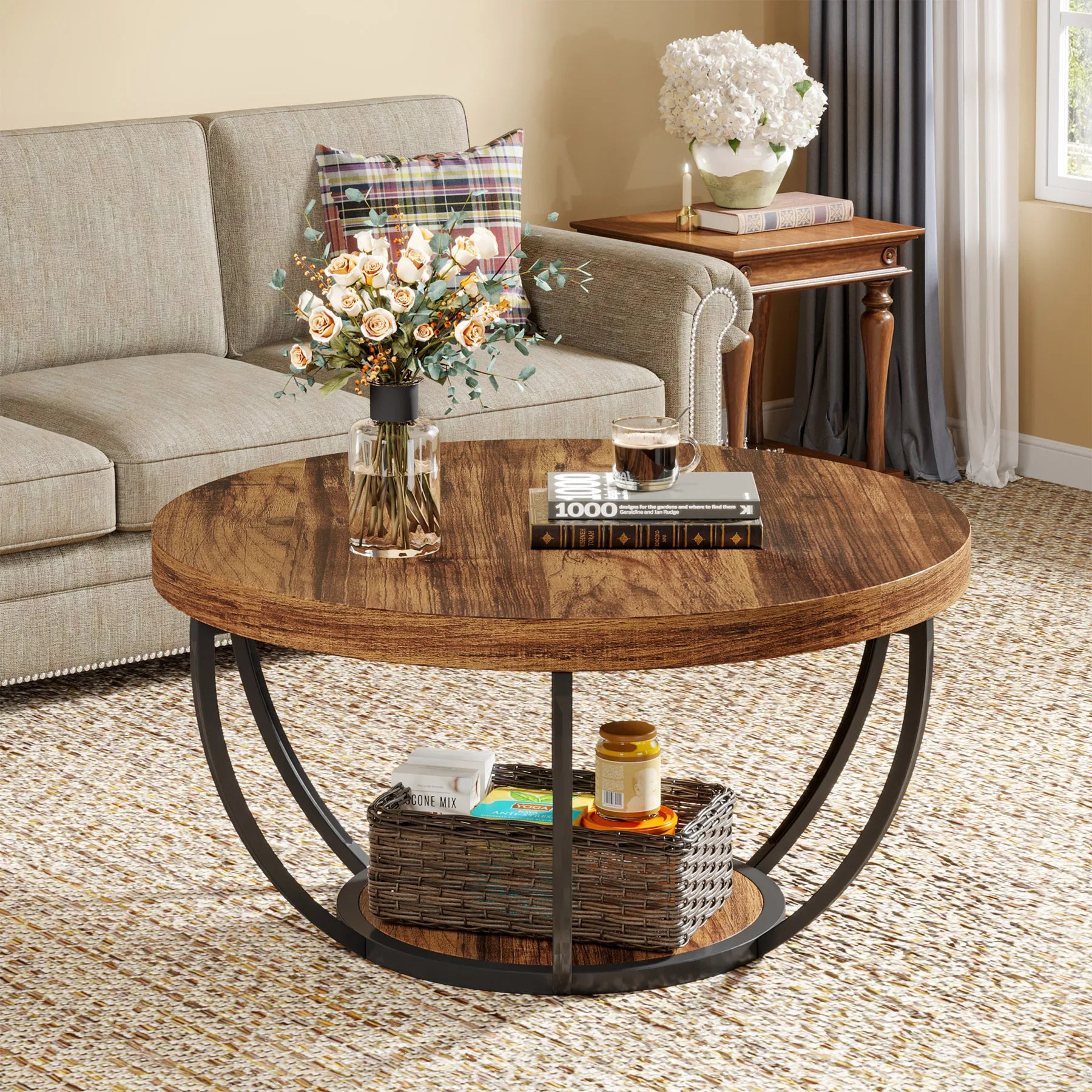 Round Industrial Coffee Table with Storage Shelf for Living Room — 31.7" Oak