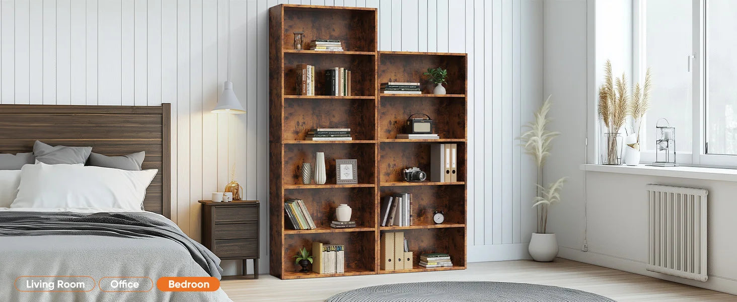 Rustic Wood 6-Tier Bookcase with Open Shelves for Living Room — 63" Tall