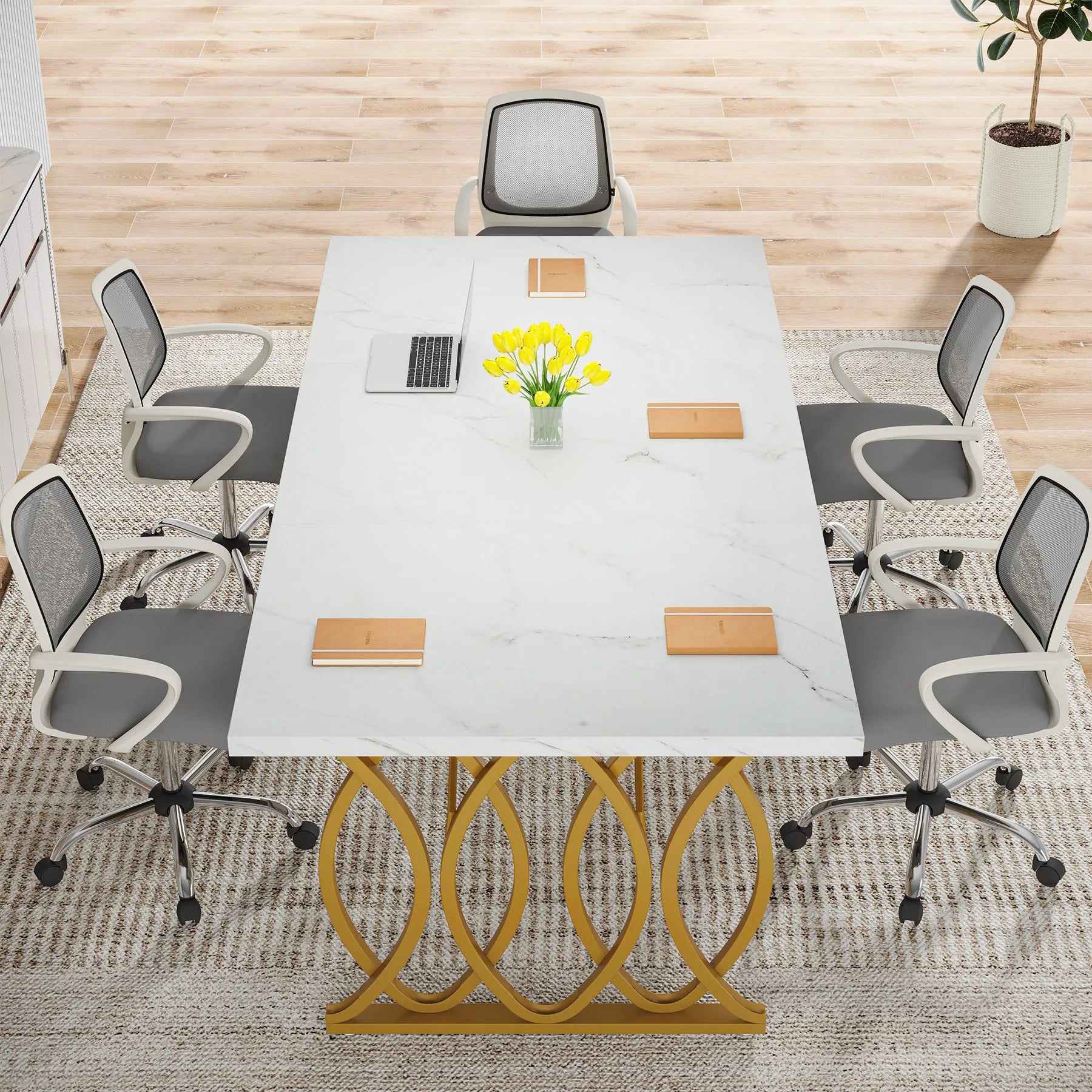 White Executive Desk with Gold Metal Legs for Home Office — 70.9"