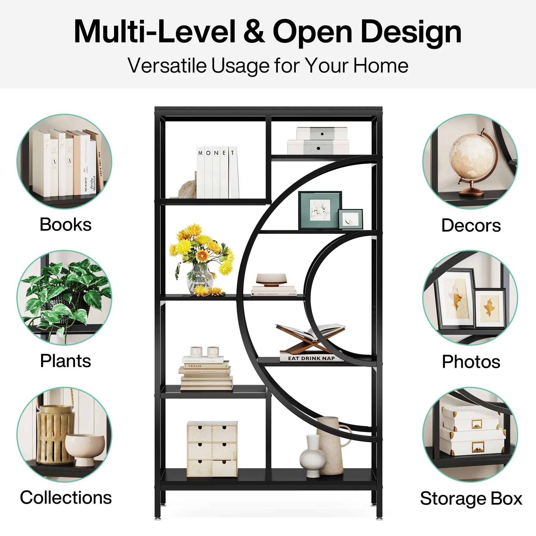 Industrial Etagere Bookcase with Curved Arc for Living Room — 71" Tall Freestanding
