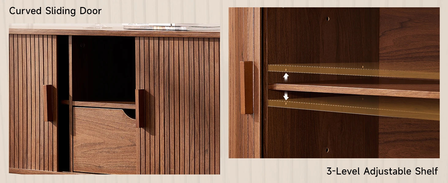 Mid-Century TV Stand for 80" TV — Fluted Walnut Media Console with Storage & Sliding Doors