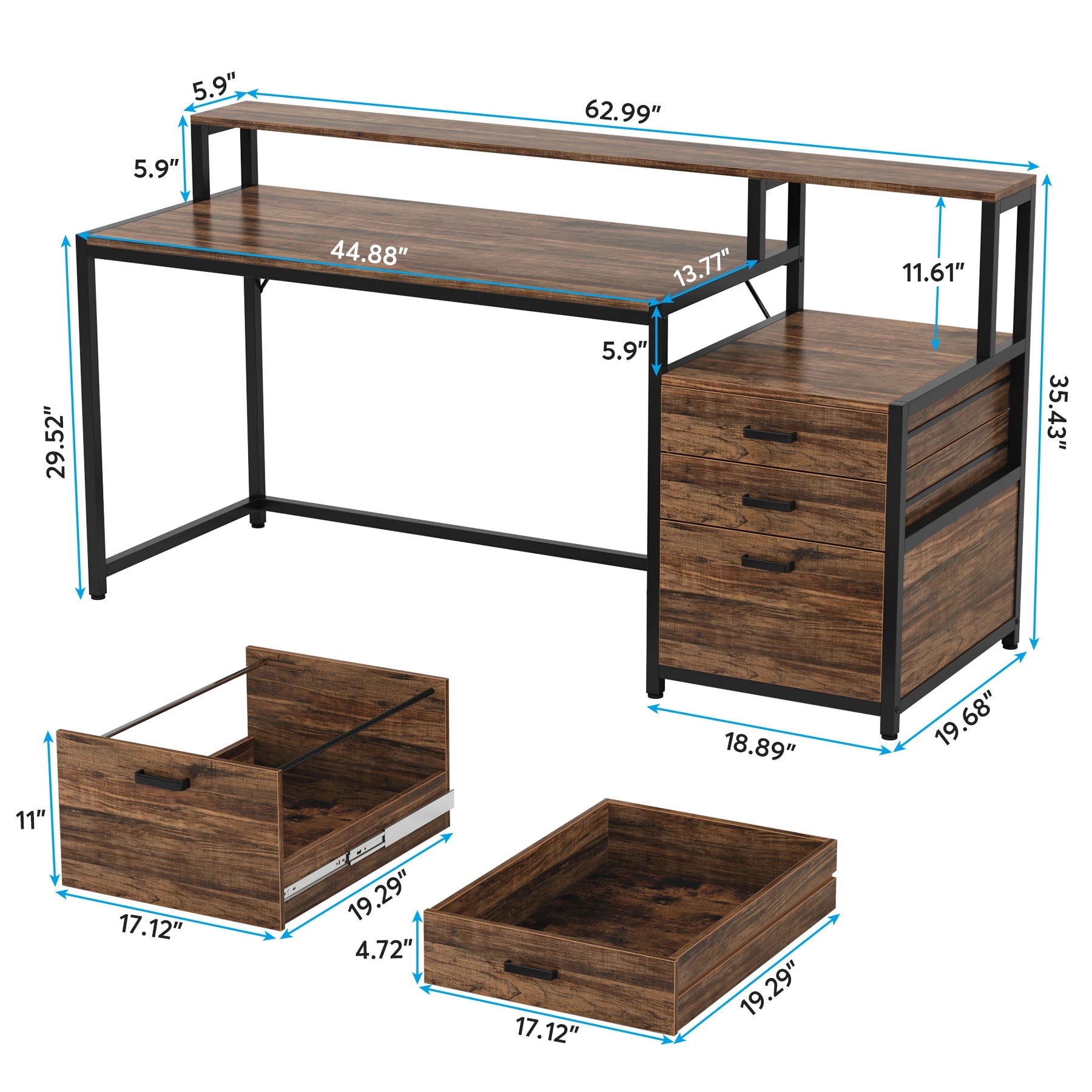 Industrial Computer Desk with 3 Drawers for Home Office — 59in Writing Table