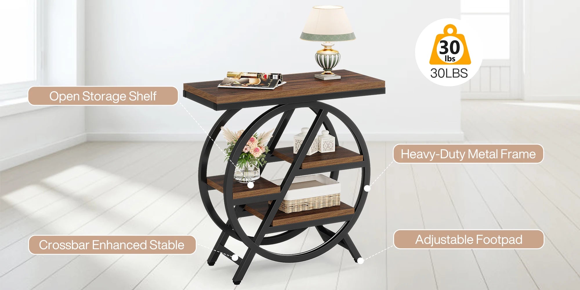 Rustic Wood 3-Tier Side Table with Round Metal Frame for Living Room — Narrow