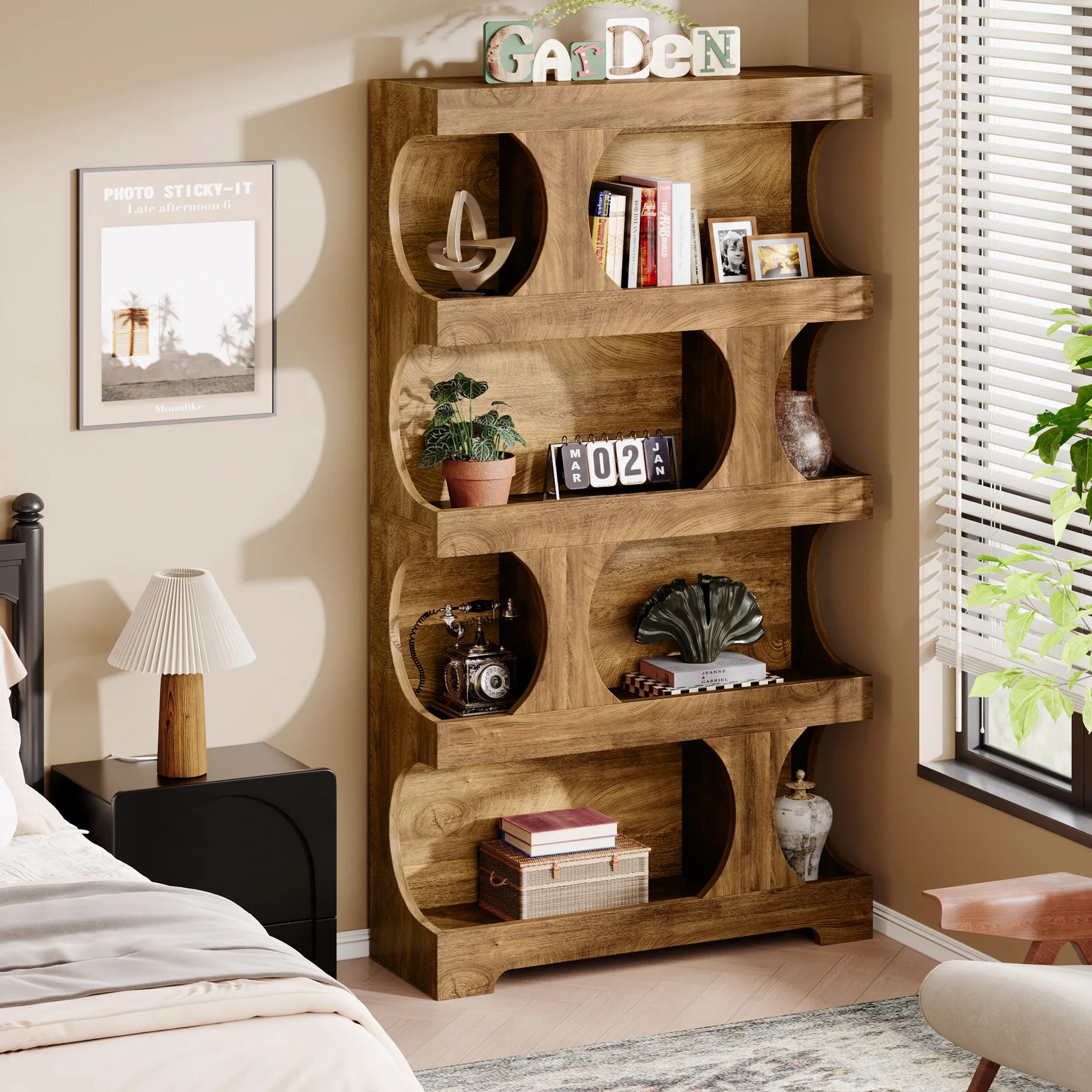 Two-Tone Curved Bookcase with Sculptural Cutout Shelves for Living Room — 71" Tall, 4 Tiers