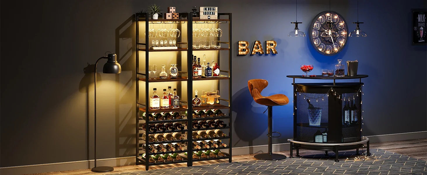 Industrial Wine Bakers Rack, 20-Bottle Freestanding Wine Rack with Glass Holder & Storage Shelves