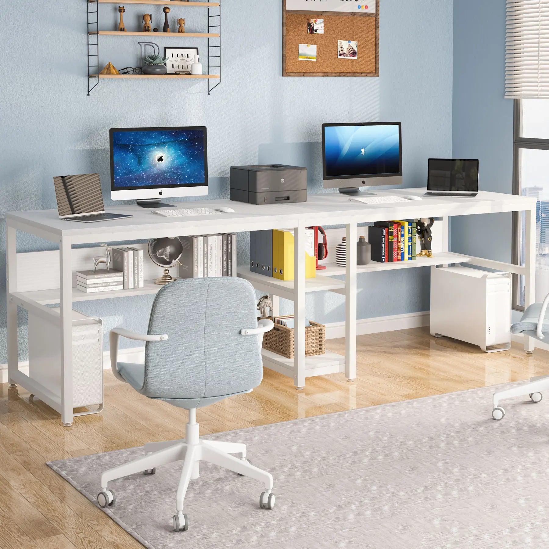 Rustic Two-Person Desk with Bookshelf for Home Office — 78.7in Double Workstation