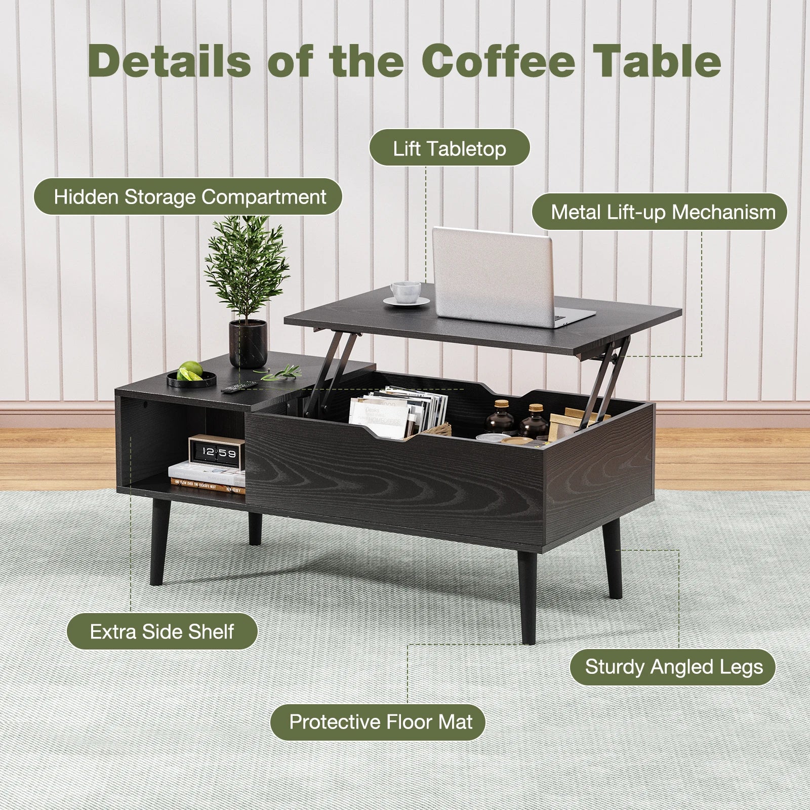 Mid-Century Lift-Top Coffee Table with Hidden Storage for Living Room — 39"W