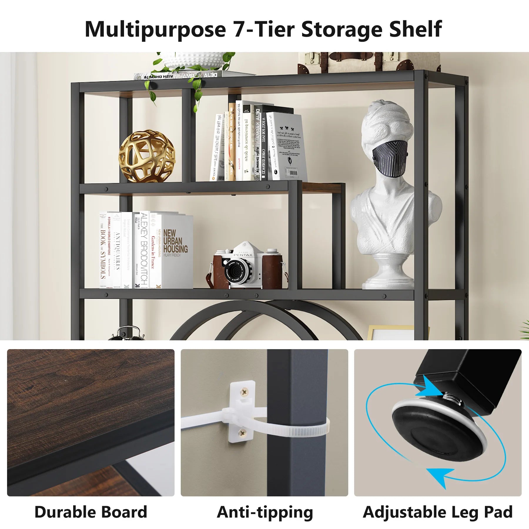 Industrial Etagere Bookcase with Curved Arc for Living Room — 71" Tall Freestanding