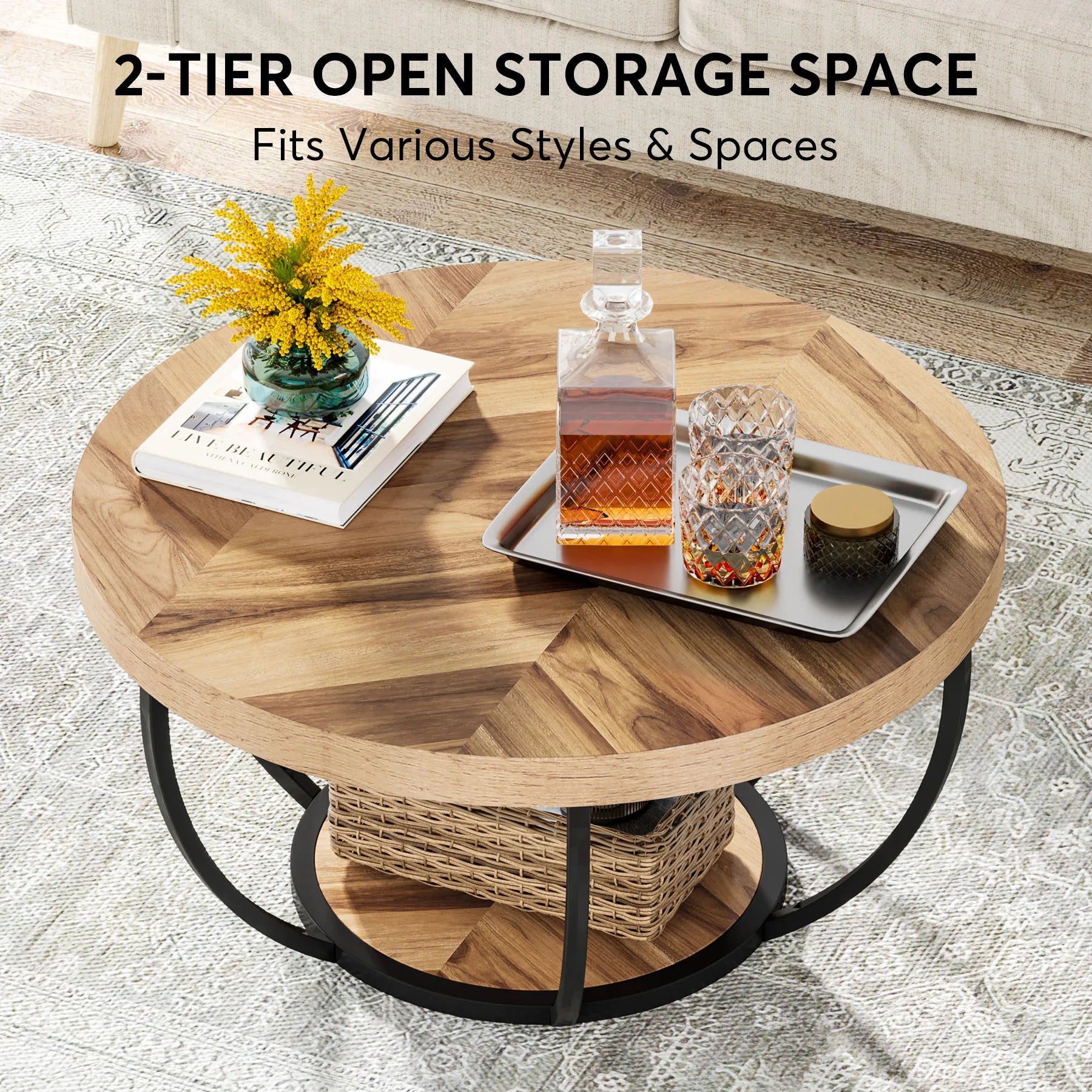 Round Industrial Coffee Table with Storage Shelf for Living Room — 31.7" Oak