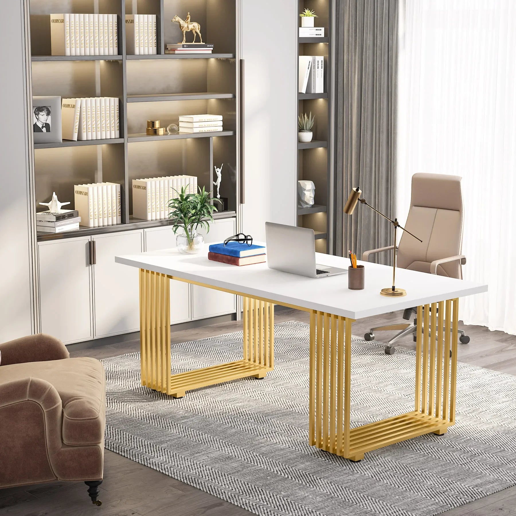 White Executive Desk with Gold Metal Legs for Home Office — 70.9"