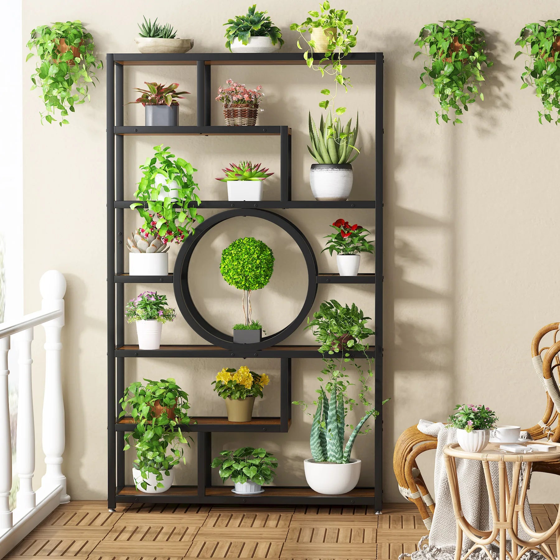 Industrial Etagere Bookcase with Curved Arc for Living Room — 71" Tall Freestanding