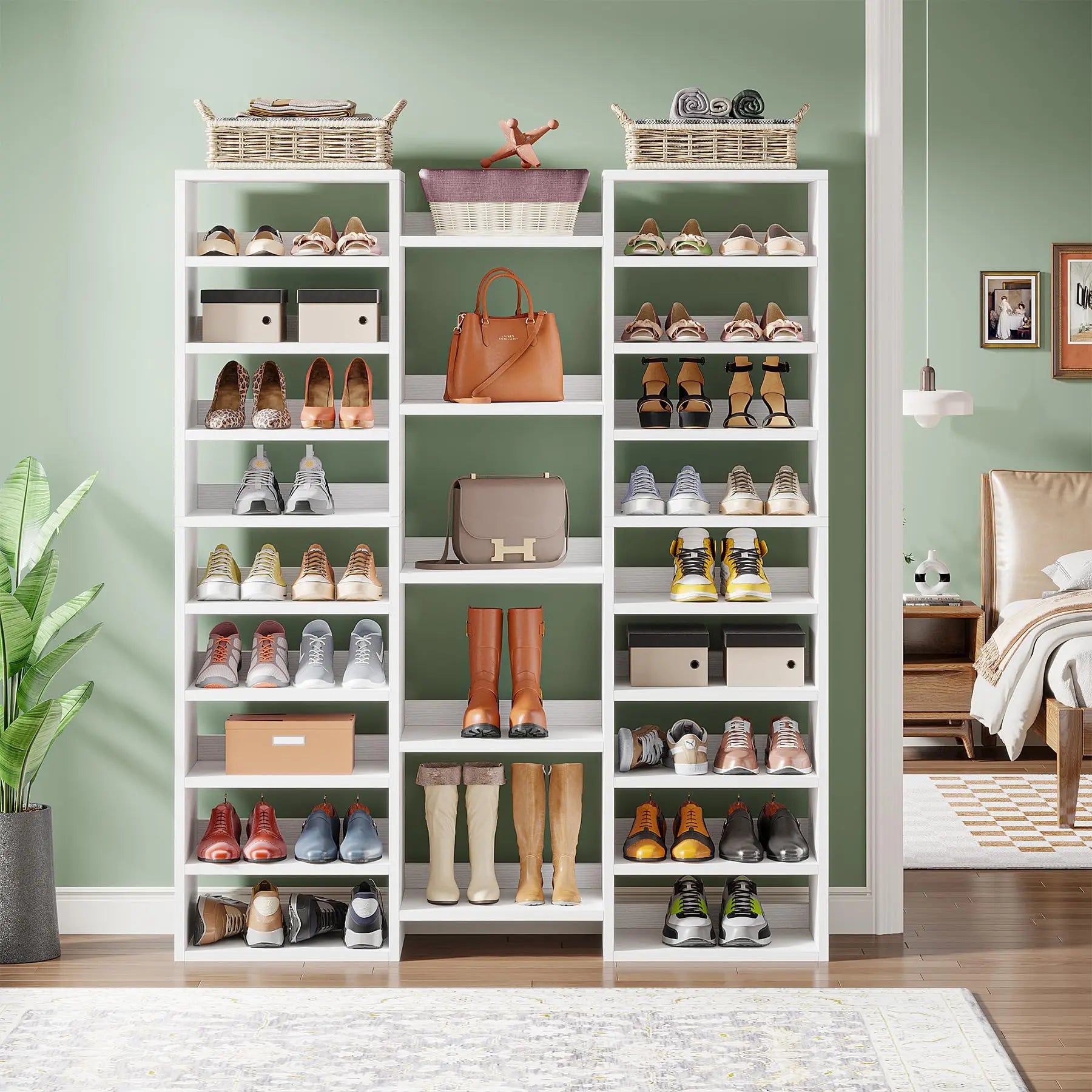 White Wood 14-Tier Shoe Rack with 22 Open Cubbies for Entryway — Holds 46 Pairs