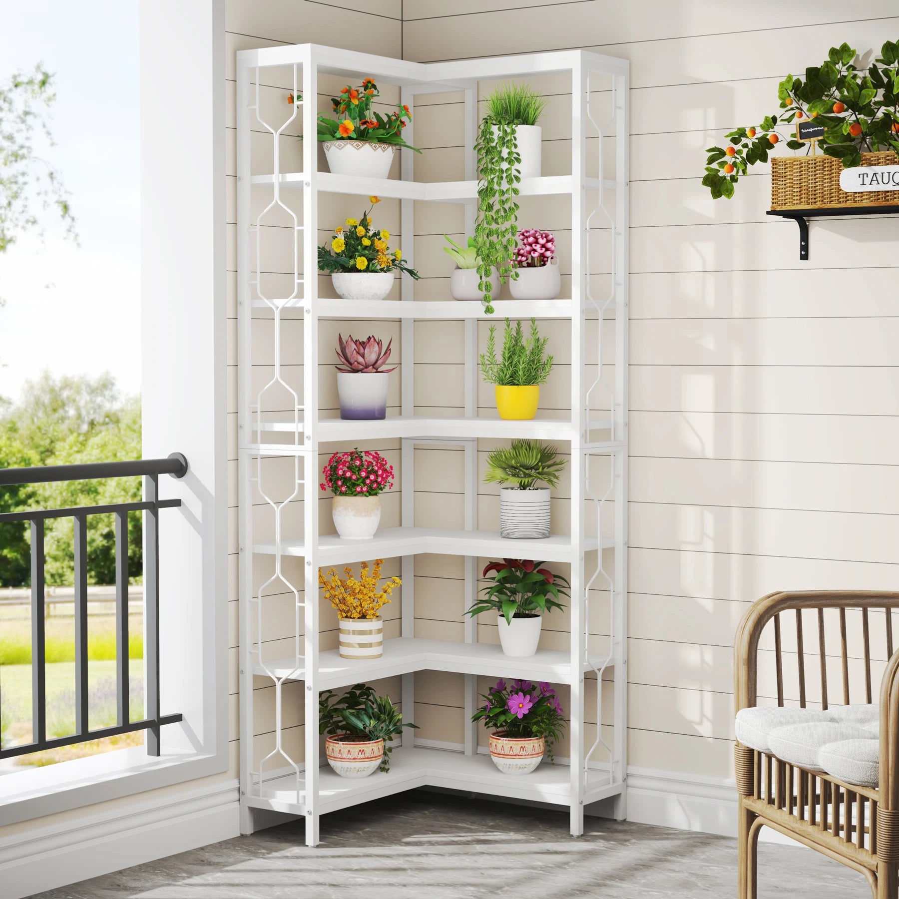 Industrial Corner Bookcase with 7 Shelves and Black Metal Frame for Living Room — 71" Tall