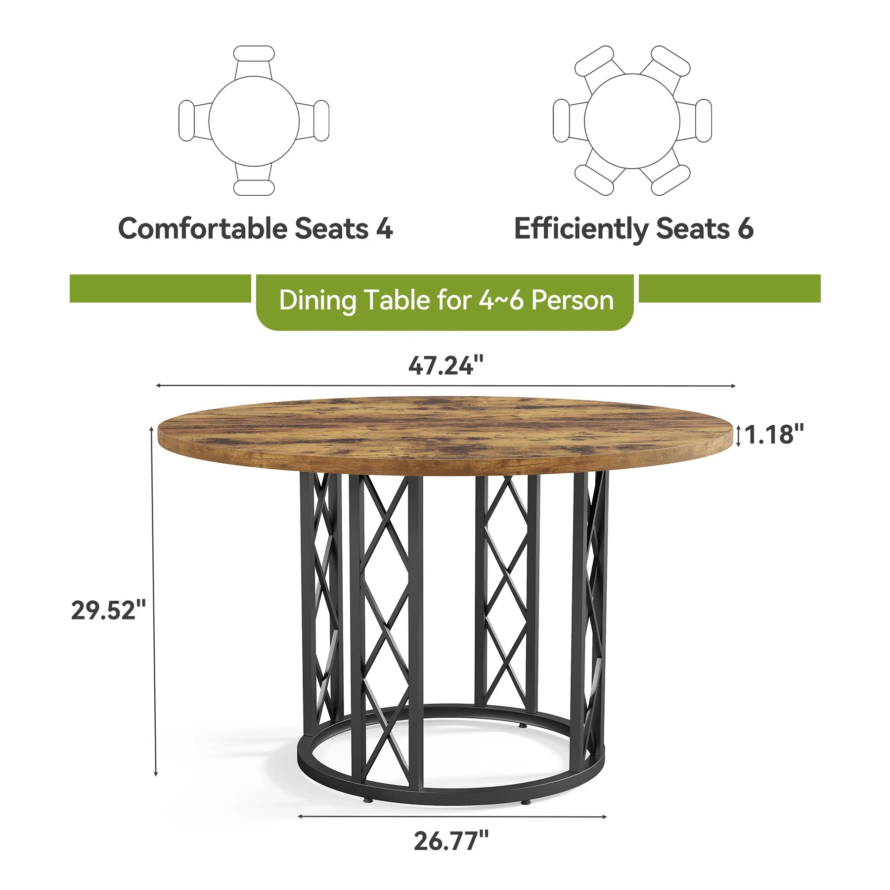 Walnut Round Dining Table with Sculptural Metal Pedestal for 4-6 — 47in