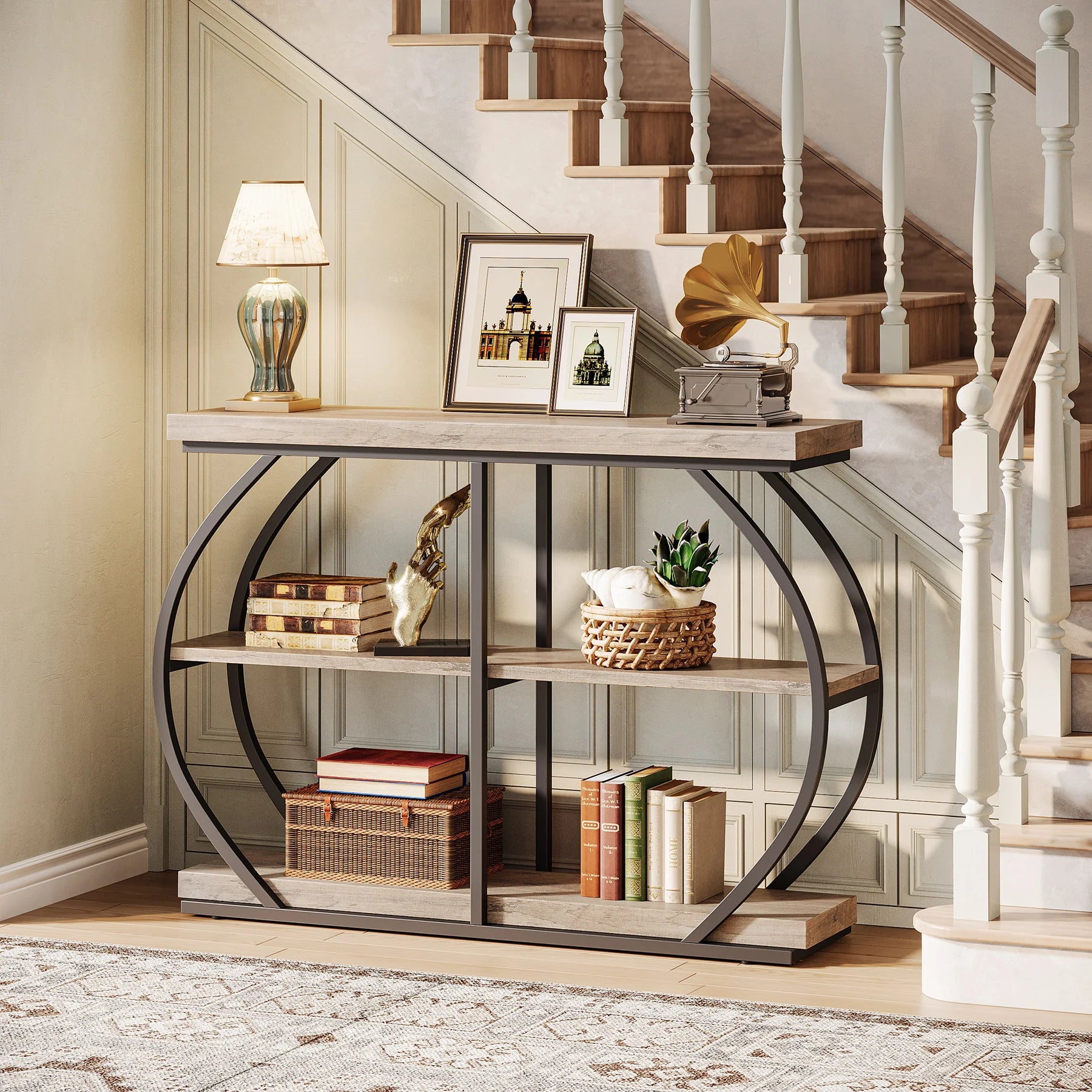 Rustic Industrial Console Table with Arched Metal Frame and 3 Storage Shelves for Entryway — 41 in