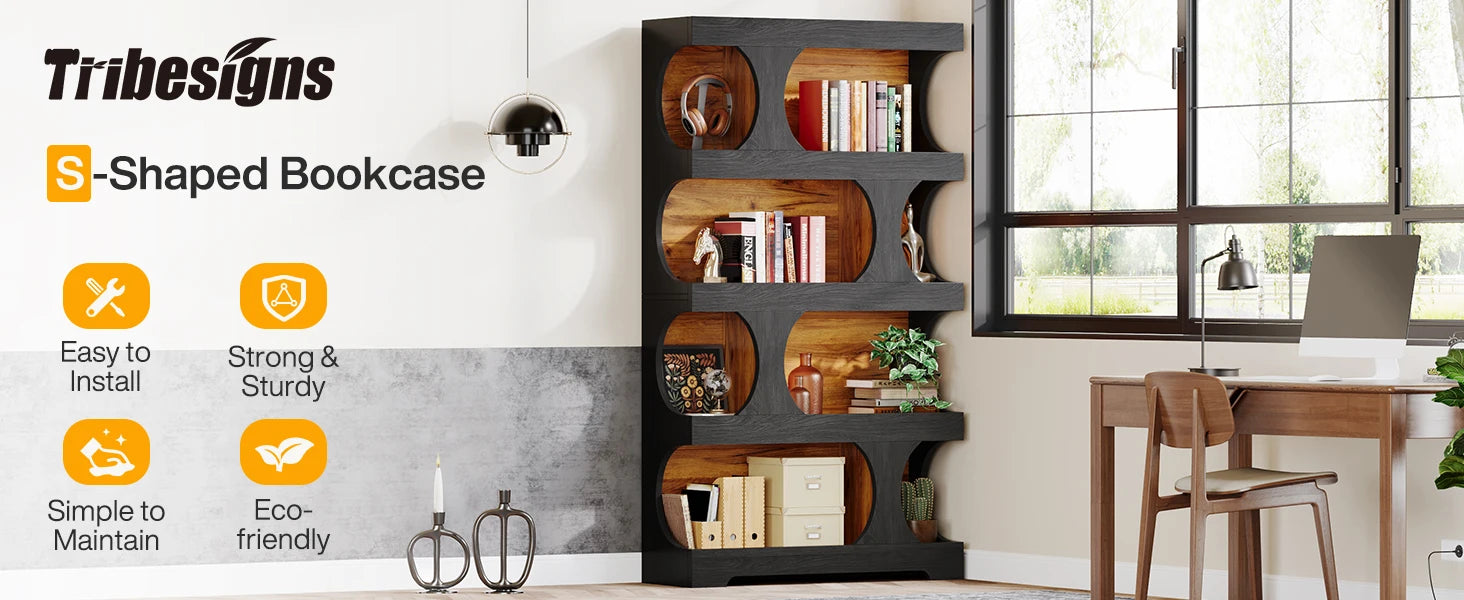 Two-Tone Curved Bookcase with Sculptural Cutout Shelves for Living Room — 71" Tall, 4 Tiers