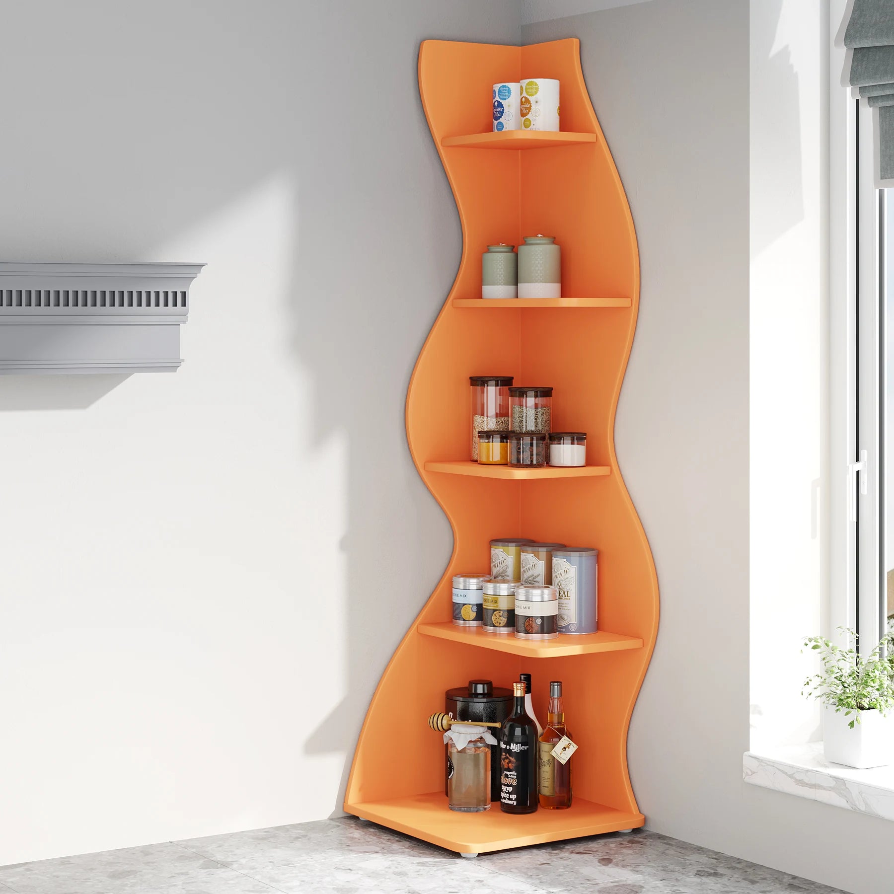 White Wave 5-Tier Corner Bookshelf with Curved Silhouette for Living Room — 65"H Floor Shelf