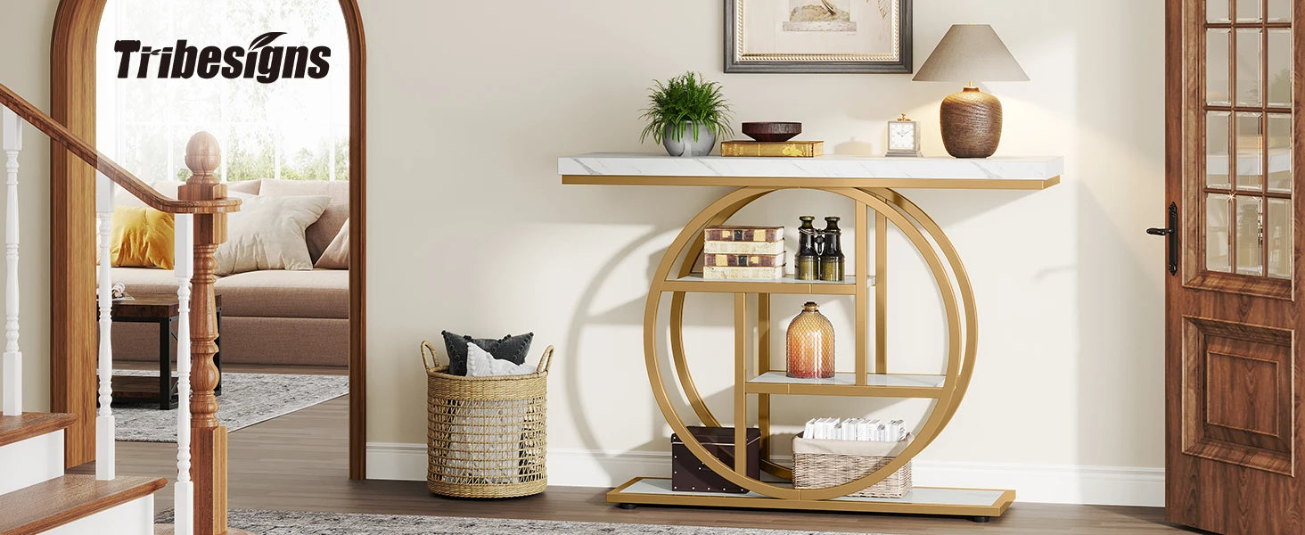 Faux Marble Gold Console Table with Storage Shelves for Entryway — 70" Behind-Sofa