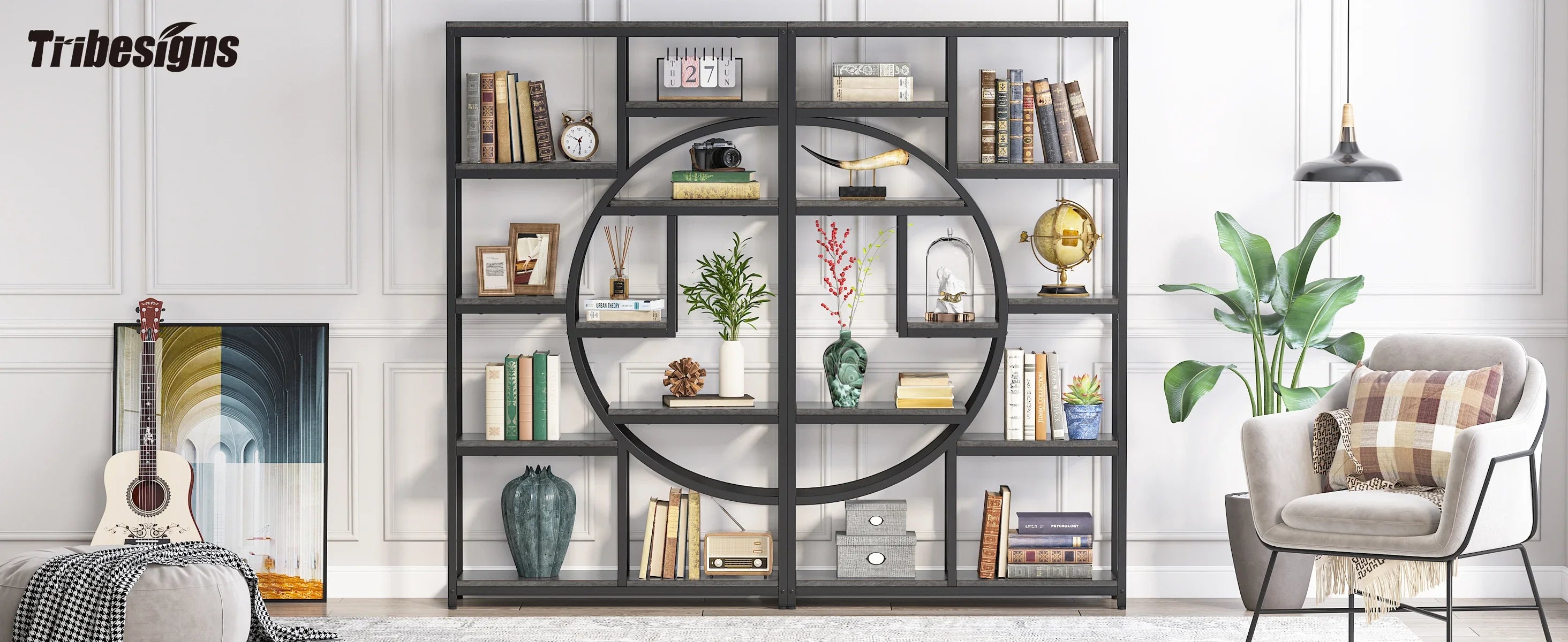 Industrial Etagere Bookcase with Curved Arc for Living Room — 71" Tall Freestanding