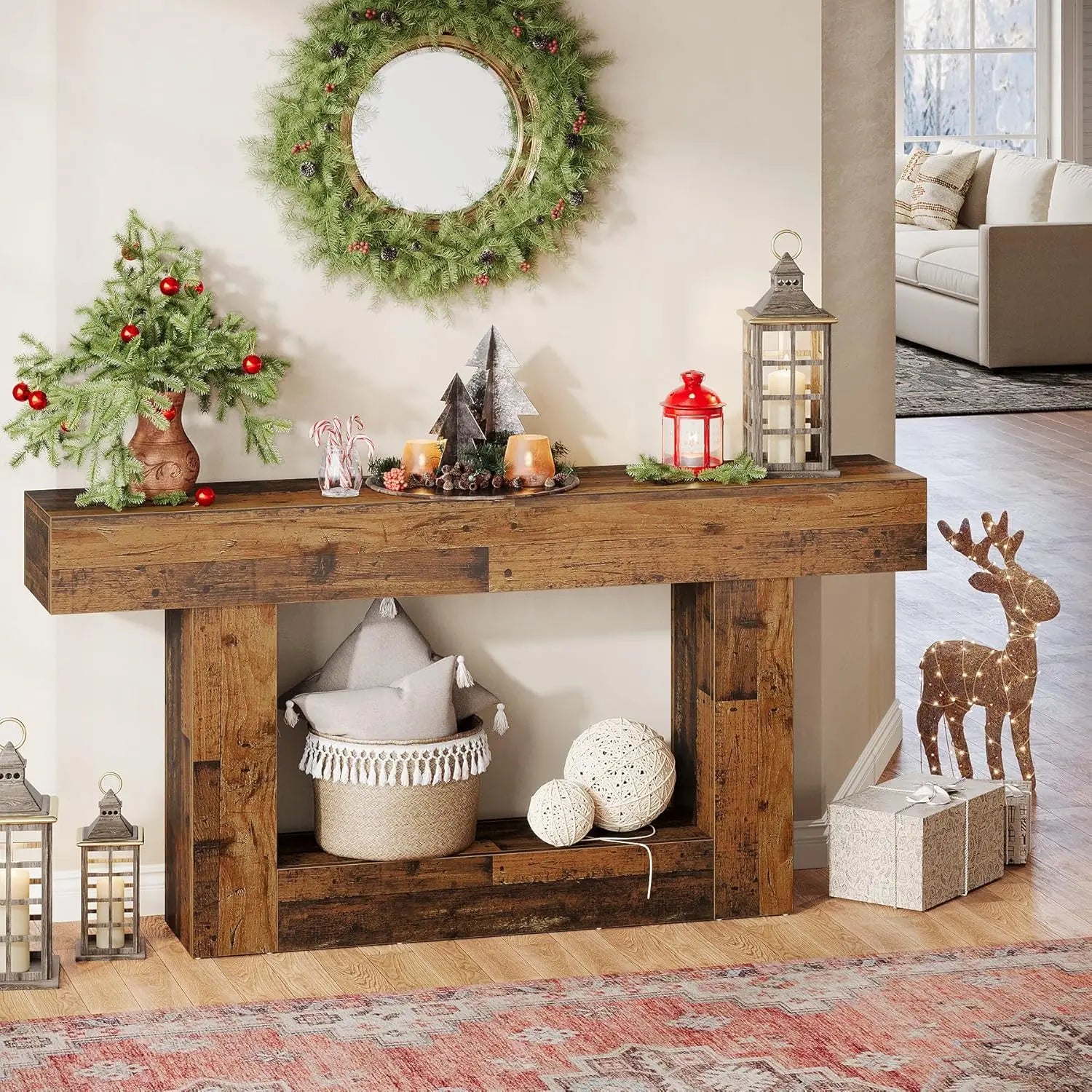 Two-Tone Farmhouse Console Table with Lower Shelf for Entryway — 63"