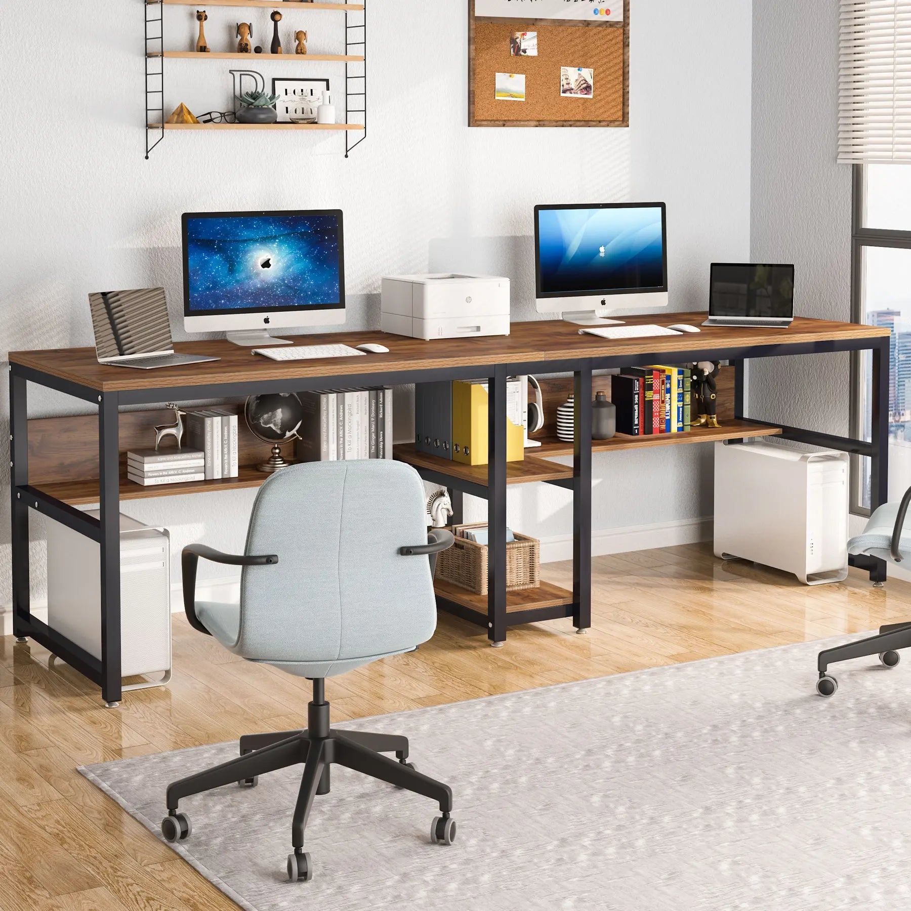 Rustic Two-Person Desk with Bookshelf for Home Office — 78.7in Double Workstation