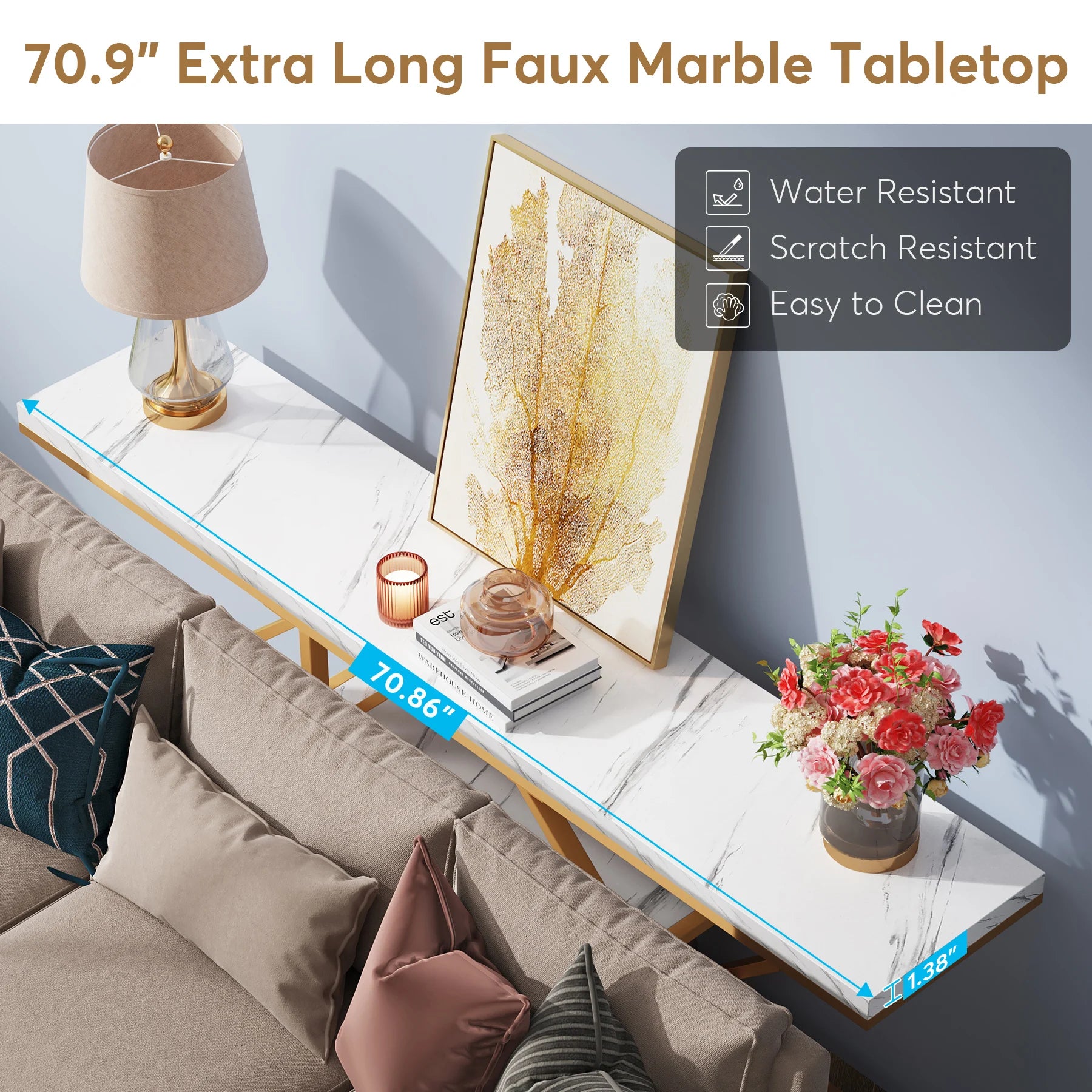 Faux Marble Gold Console Table with Storage Shelves for Entryway — 70" Behind-Sofa