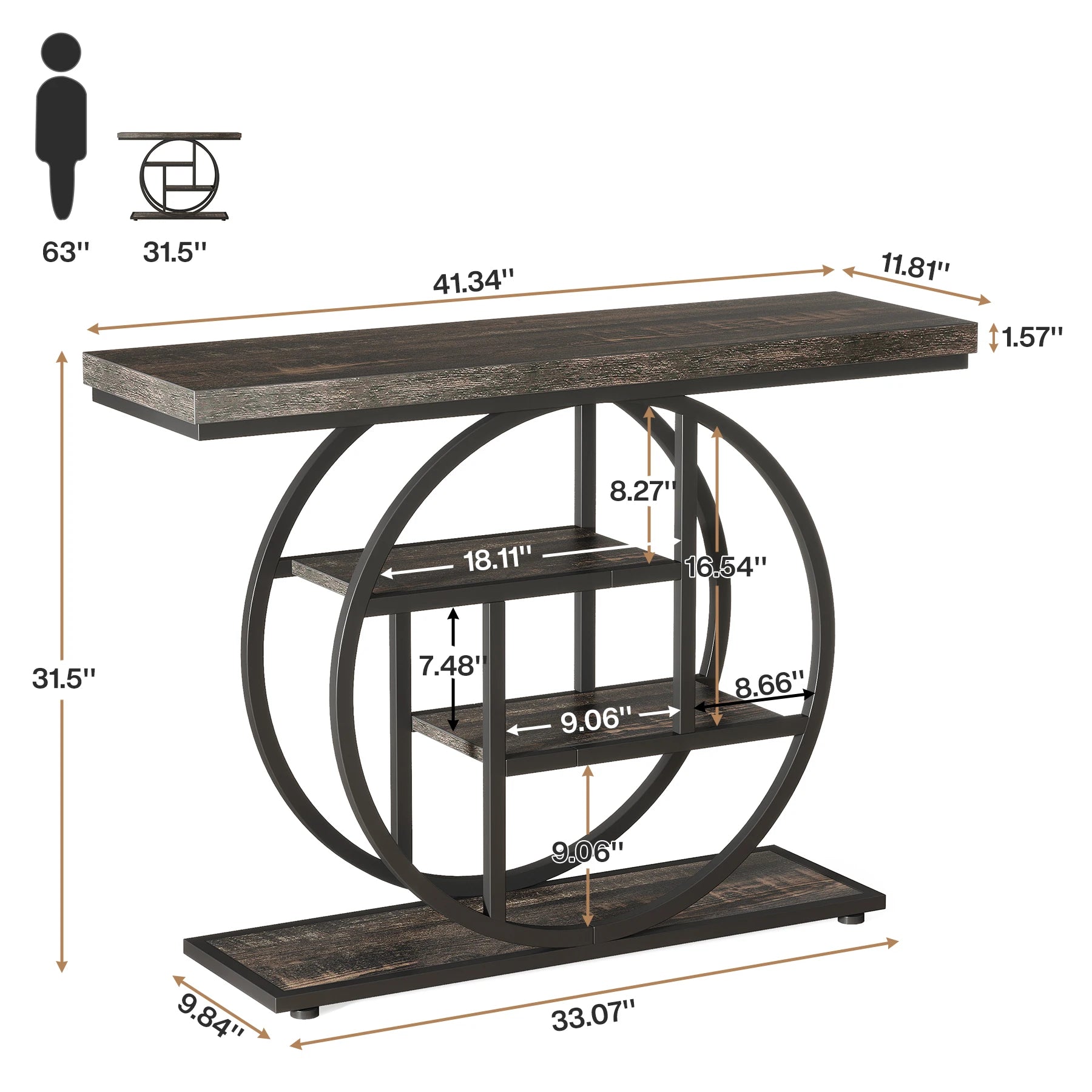 Rustic Wood 4-Tier Console Table with Round Metal Frame for Entryway — 41.3in
