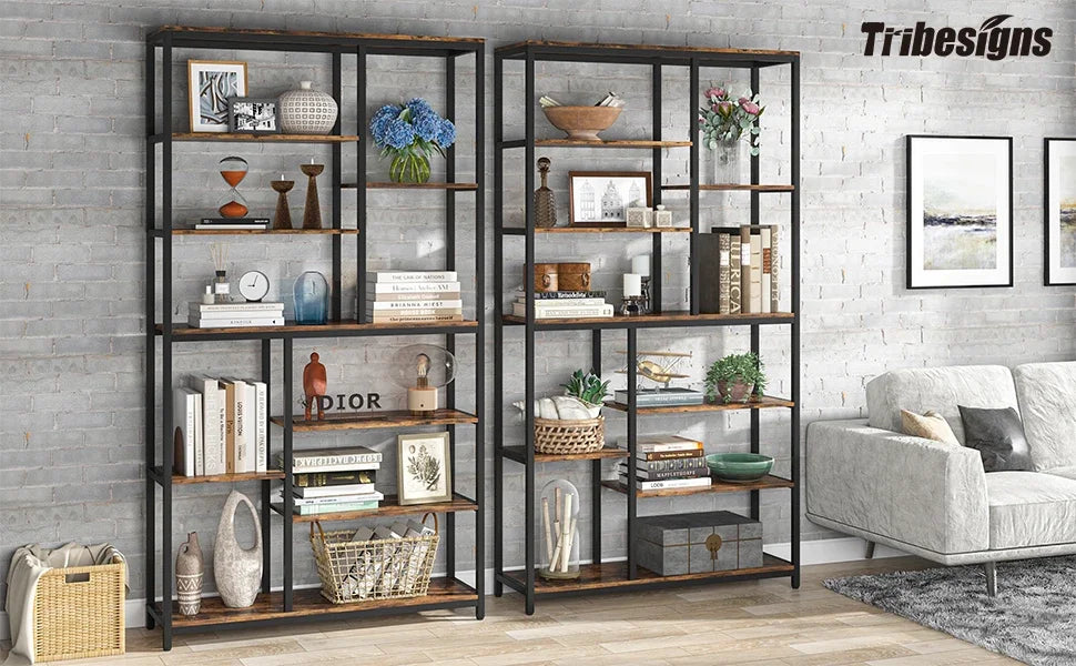 Industrial Bookcase with Open Shelves for Living Room — 79in 9-Tier Etagere