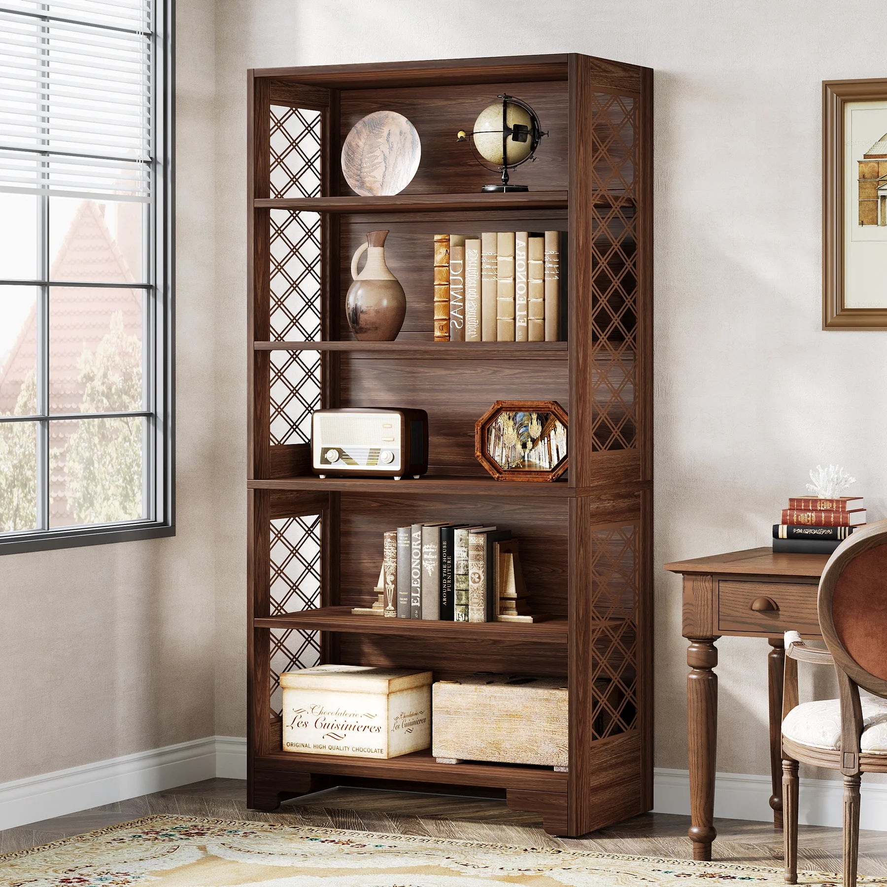 Industrial 6-Tier Bookcase with X-Frame for Living Room — 71in Tall Open Bookshelf