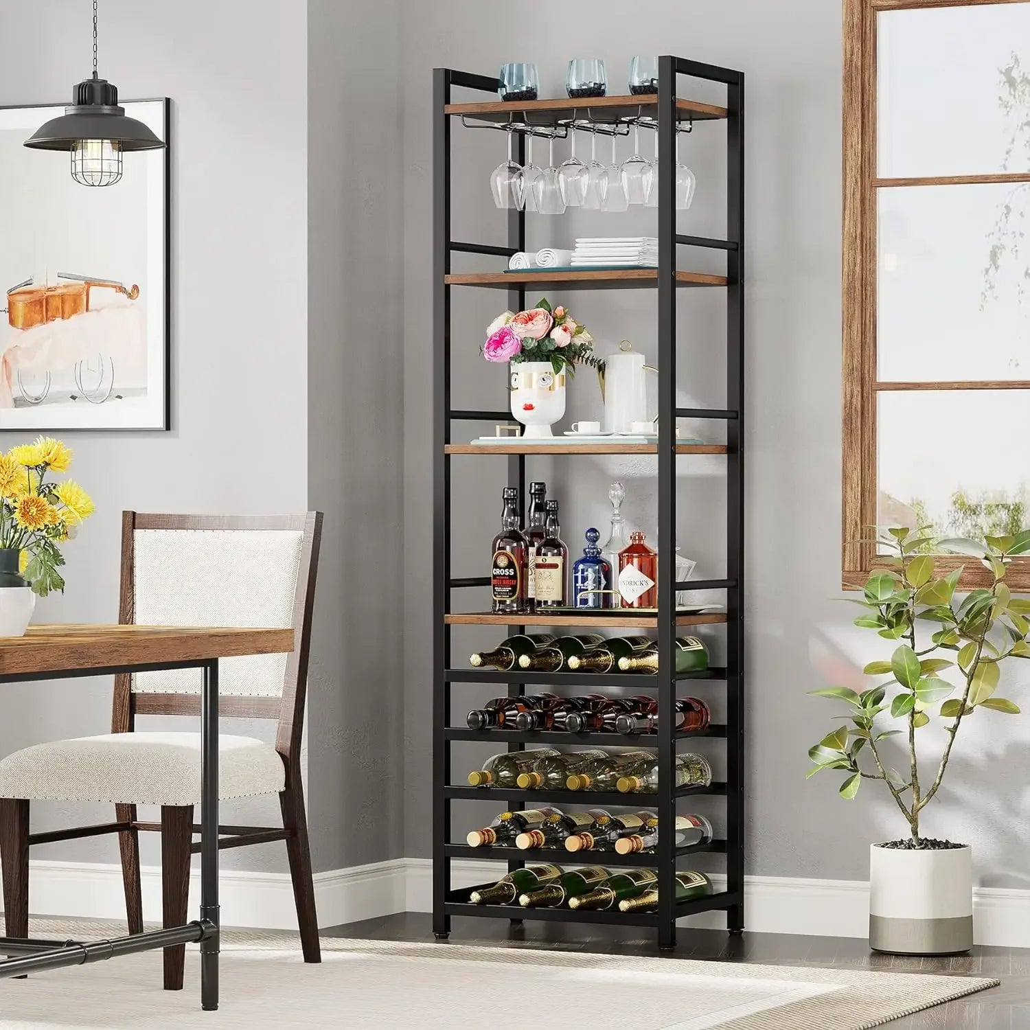 Industrial Wine Bakers Rack, 20-Bottle Freestanding Wine Rack with Glass Holder & Storage Shelves