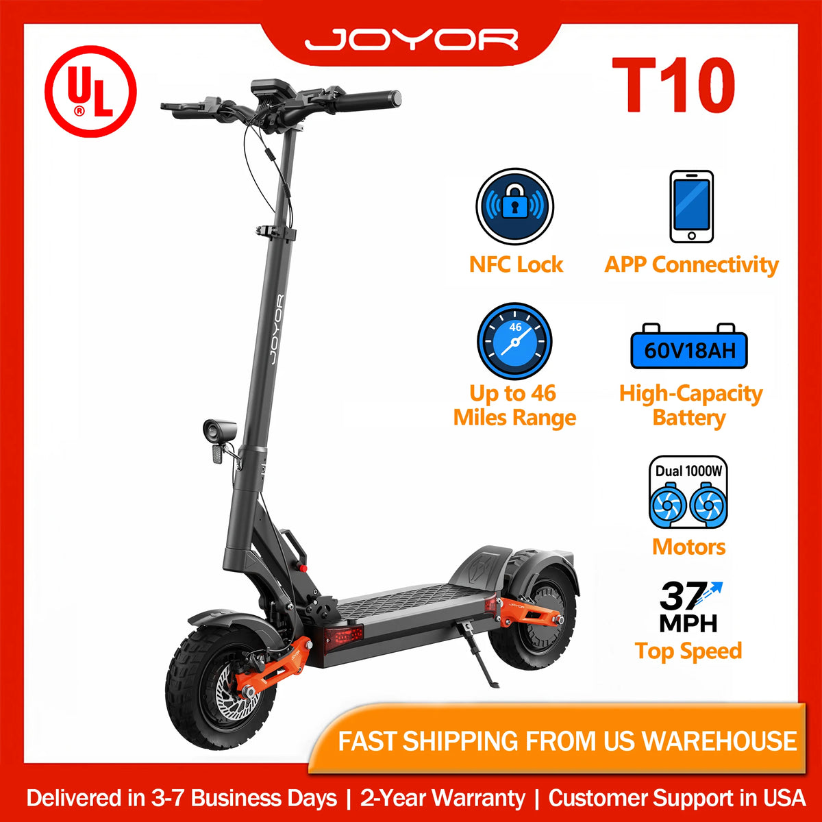 Electric Scooter for Adults — JOYOR T10, 2000W Dual Motor, 10" Off-Road