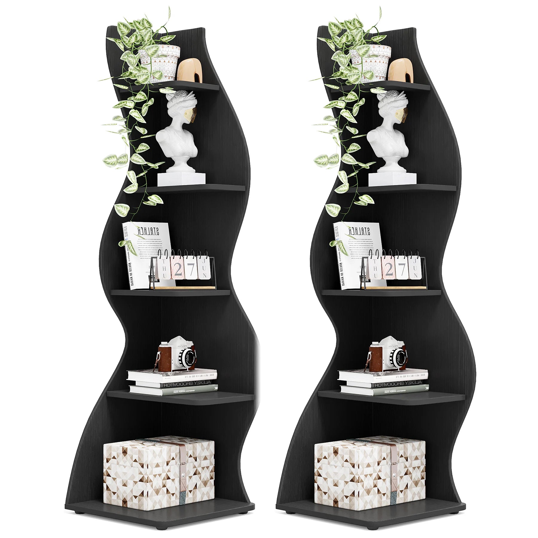 White Wave 5-Tier Corner Bookshelf with Curved Silhouette for Living Room — 65"H Floor Shelf