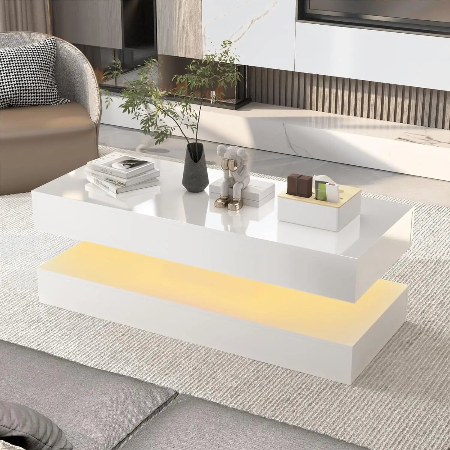 LED Coffee Table with Storage — Modern Faux Marble Coffee Table with Drawers for Living Room