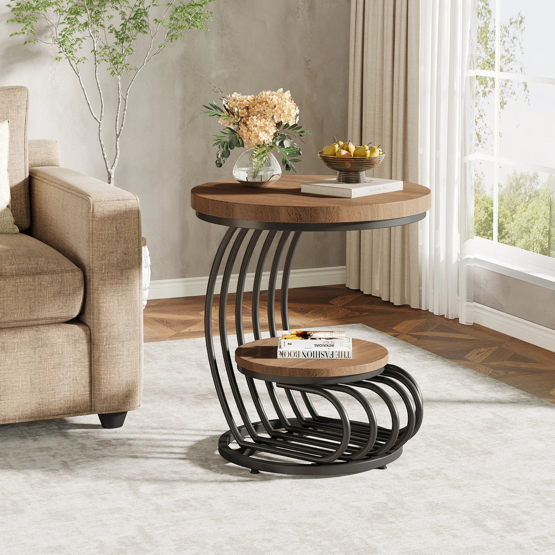 Gold Round Side Table with Faux-Marble Tiers for Living Room — 20-inch Sculptural Accent Table