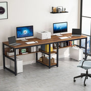 Rustic Two-Person Desk with Bookshelf for Home Office — 78.7in Double Workstation