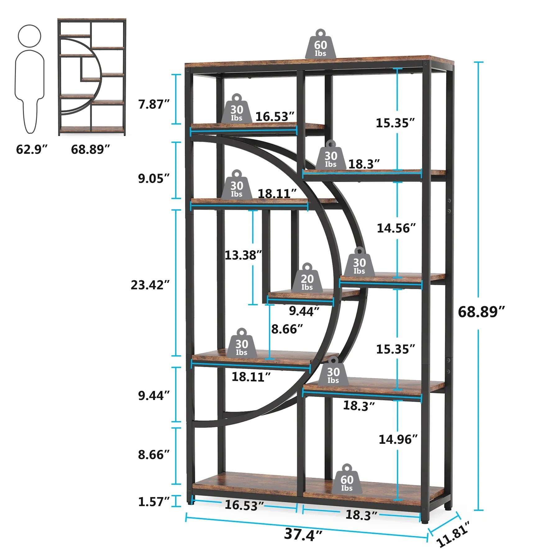Industrial Etagere Bookcase with Curved Arc for Living Room — 71" Tall Freestanding