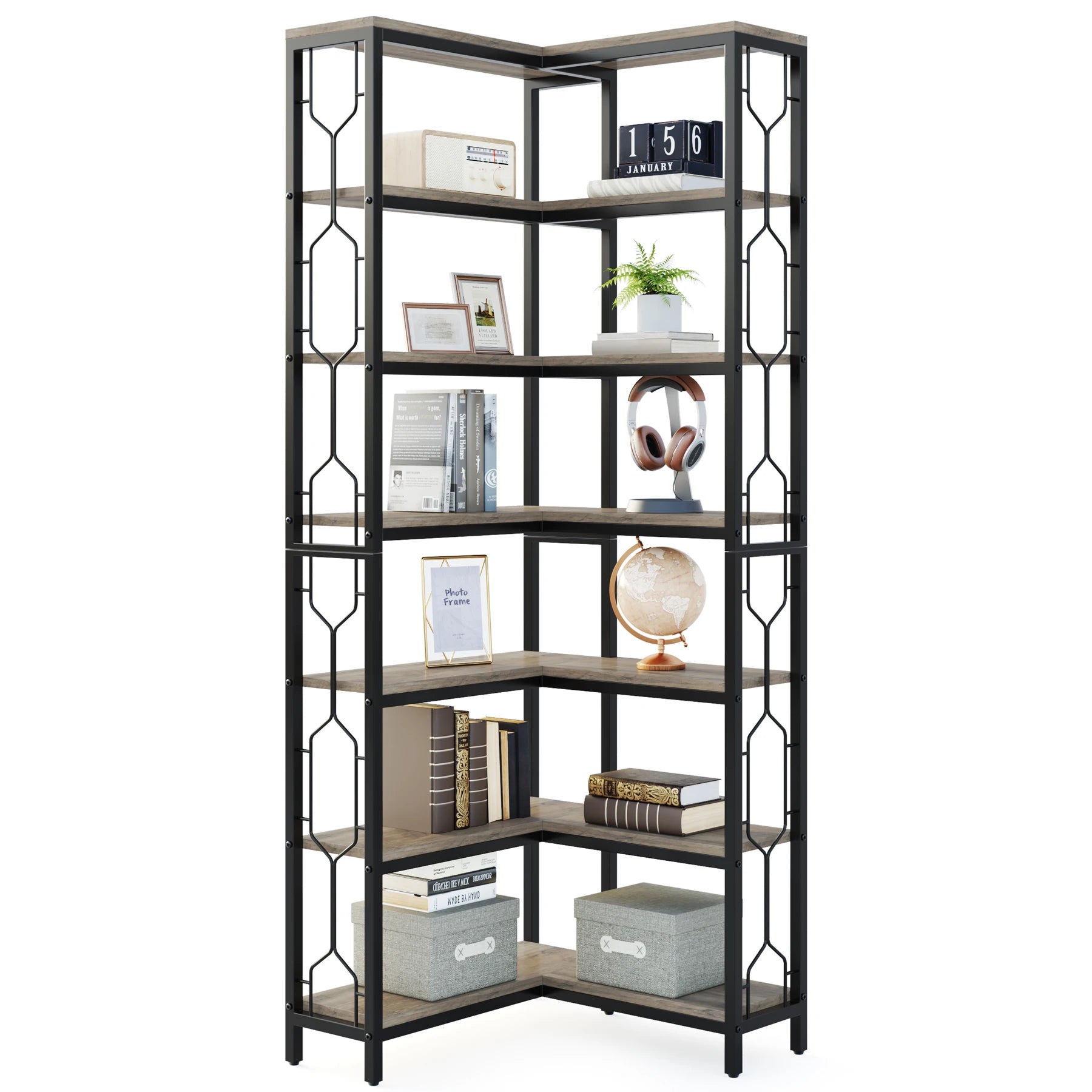 Industrial Corner Bookcase with 7 Shelves and Black Metal Frame for Living Room — 71" Tall