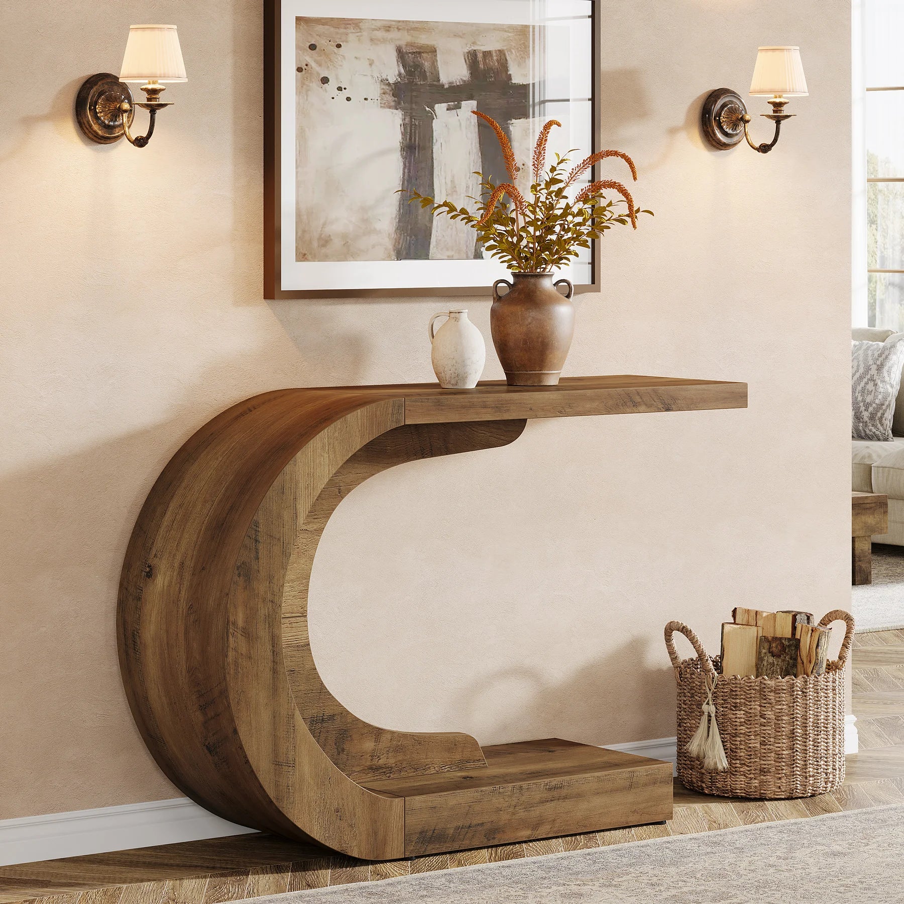 Curved Wood Console Table with Sculptural C-Base for Entryway — 43" Wide