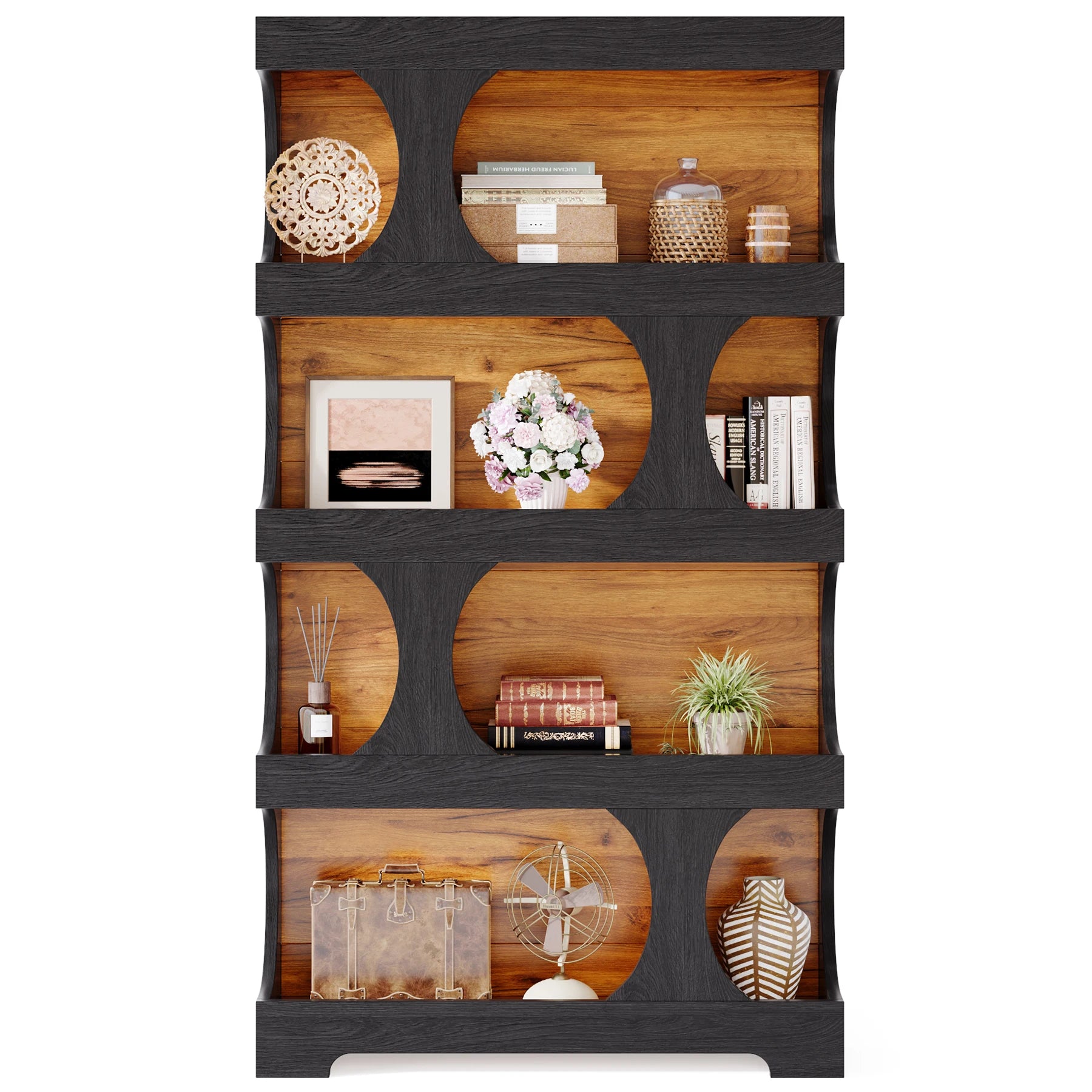 Two-Tone Curved Bookcase with Sculptural Cutout Shelves for Living Room — 71" Tall, 4 Tiers